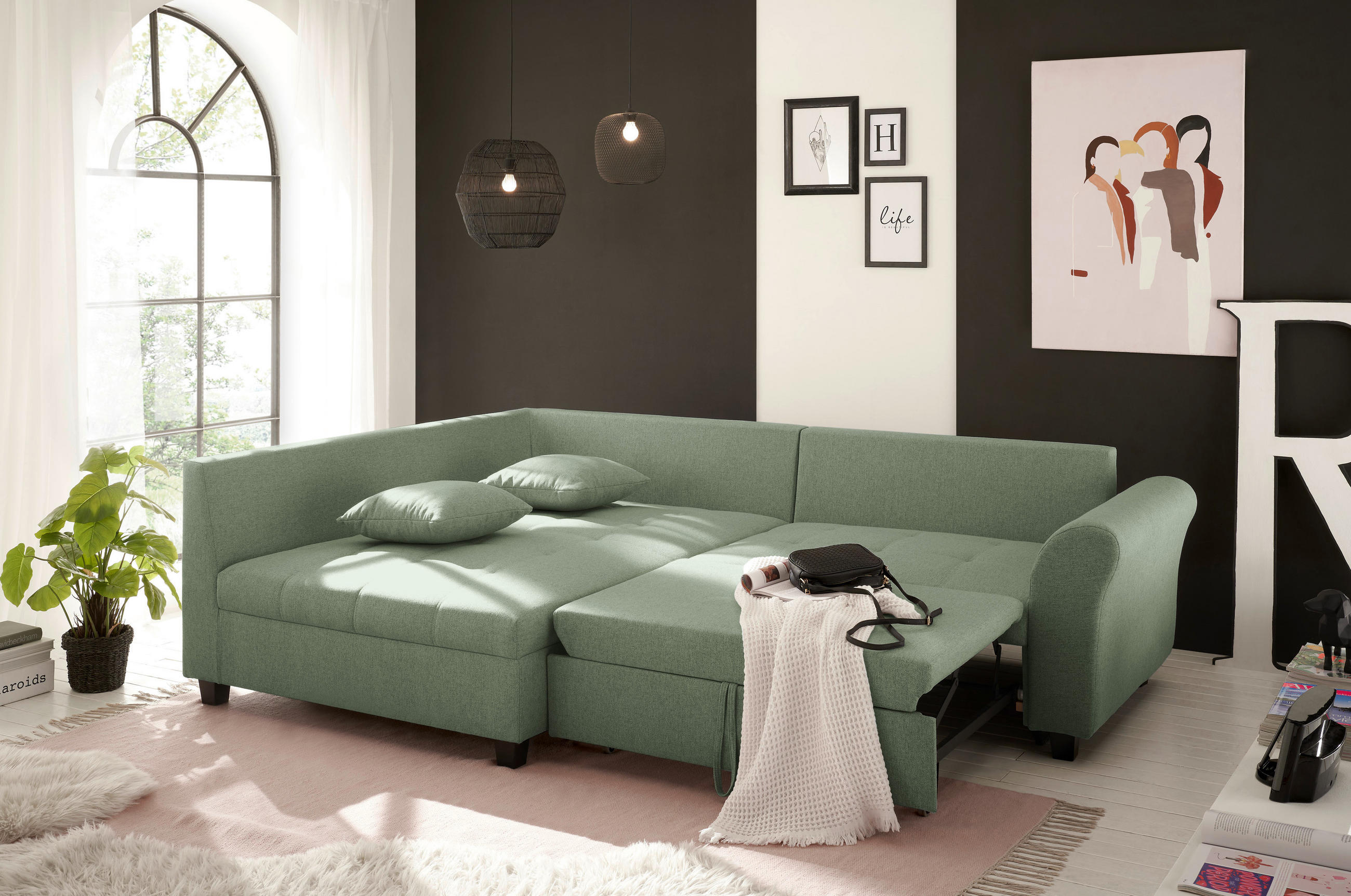 ECKSOFA in Webstoff Grün  - Schwarz/Grün, Modern, Kunststoff/Textil (175/252cm) - Livetastic