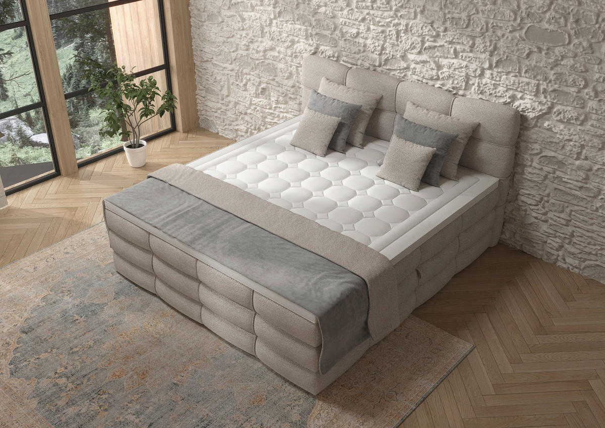 BOXSPRINGBETT 160/200 cm,  in Elfenbein, gepolstertes Kopfteil, Bettkasten, Topper, Matratzen, H3 + H3 = fest  - Elfenbein/Schwarz, Design, Kunststoff/Textil (160/200cm) - Chameo
