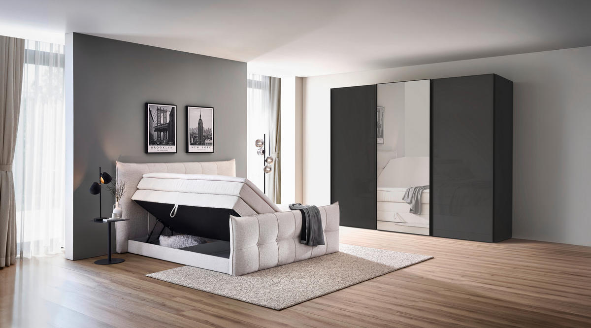 BOXSPRINGBETT 180/200 cm,  in Creme, gepolstertes Kopfteil, Bettkasten, Matratzen, Topper, H2 = mittel  - Creme/Schwarz, Basics, Holzwerkstoff/Kunststoff (180/200cm) - Esposa