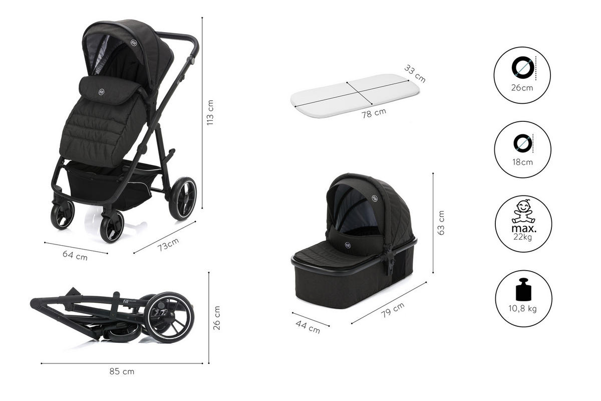 KINDERWAGENSET  JAGUAR  Darkgrey Melange  - Dunkelgrau/Schwarz, Basics, Textil/Metall - Fillikid