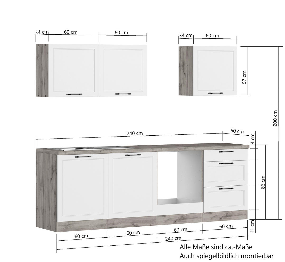 KÜCHENLEERBLOCK 240 cm   in Weiß, Eiche Wotan  - Eiche Wotan/Schwarz, LIFESTYLE, Holzwerkstoff/Metall (240cm) - Held