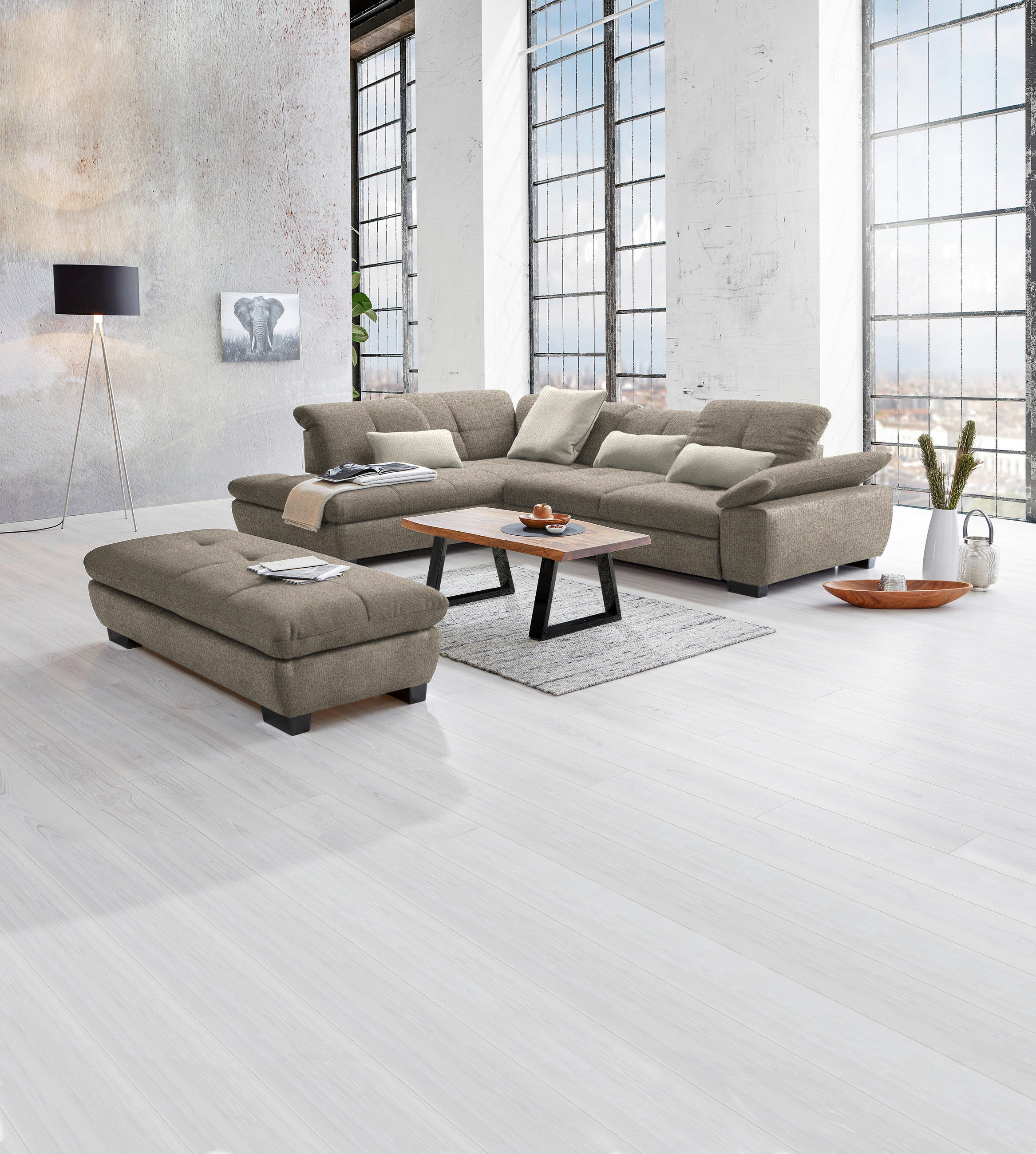ECKSOFA in Flachgewebe Beige  - Beige/Schwarz, Design, Textil/Metall (242/313cm) - Xora