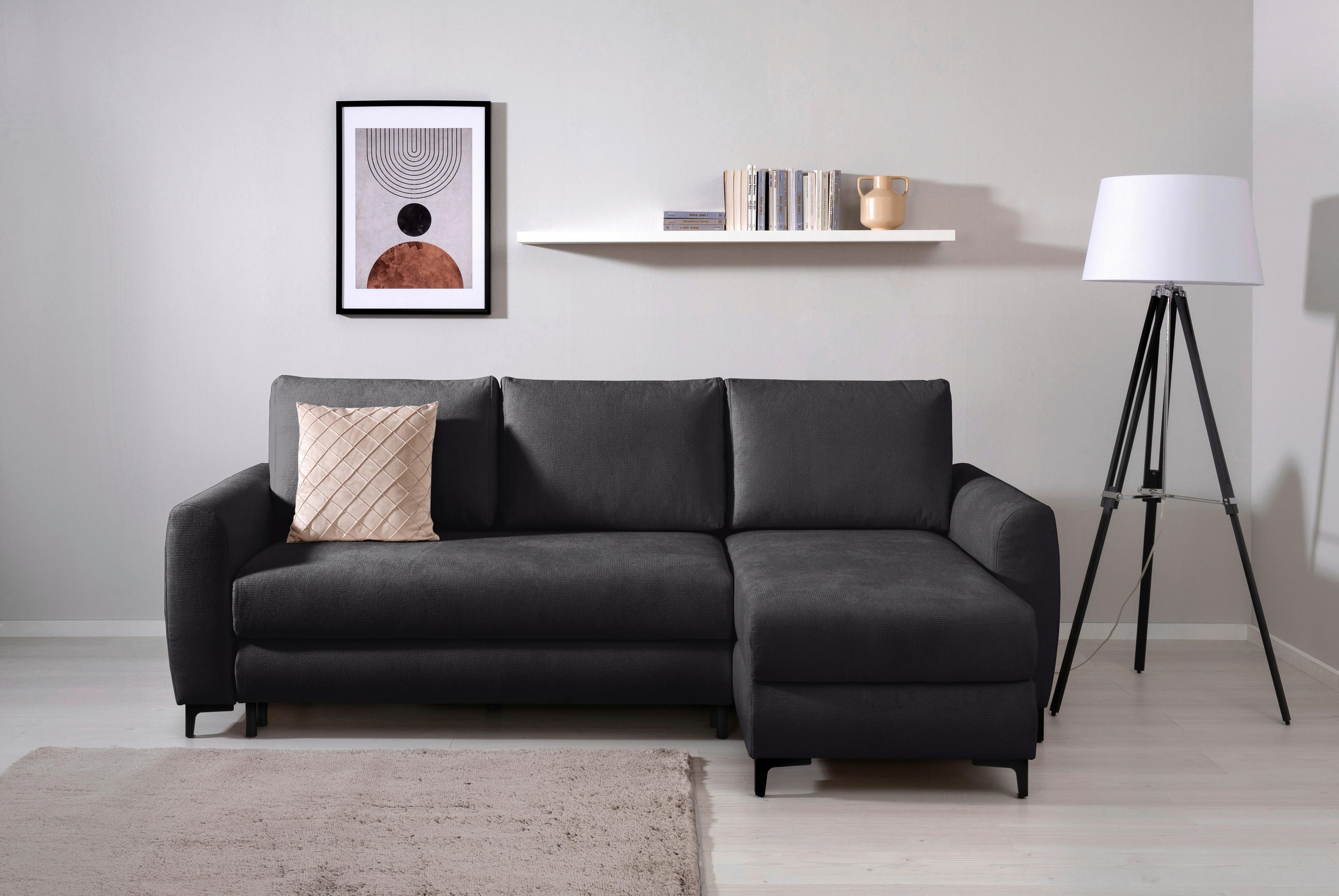 ECKSOFA Moli Schwarz Mikrofaser  - Schwarz, Design, Textil/Metall (236/148cm) - MID.YOU