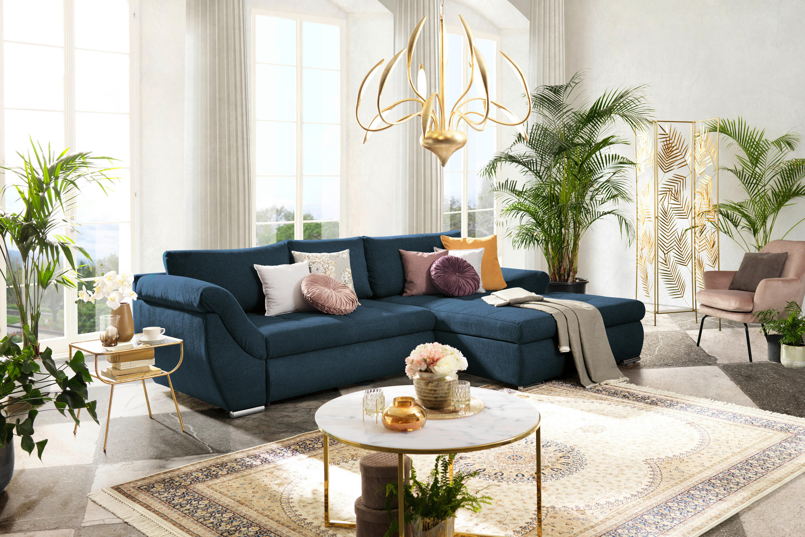 ECKSOFA in Flachgewebe Dunkelblau  - Silberfarben/Dunkelblau, Design, Textil/Metall (306/174cm) - MID.YOU