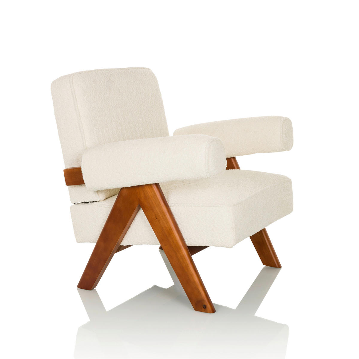 LOUNGESESSEL Bouclé Weiß    - Weiß/Braun, MODERN, Holz/Textil (75/74/75cm) - MID.YOU