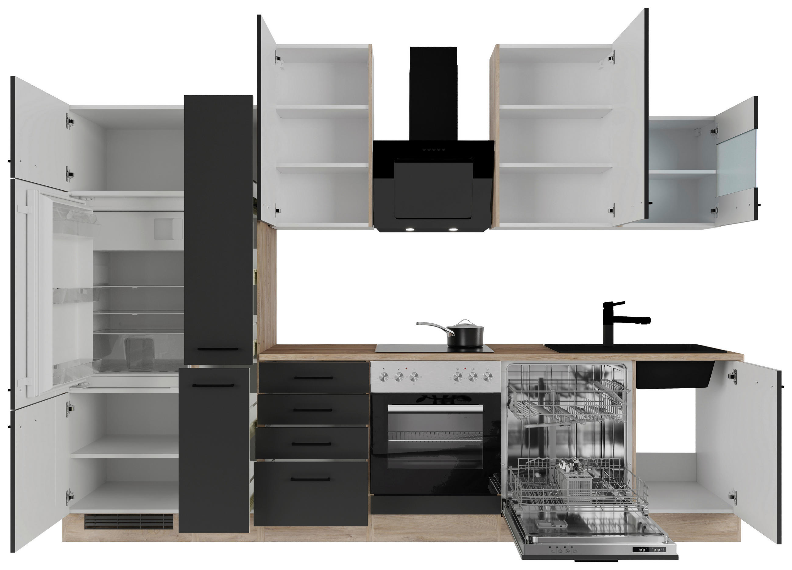 KÜCHENBLOCK 310 cm   in Schwarz, Eichefarben  - Eichefarben/Schwarz, Basics, Holzwerkstoff/Metall (310cm) - FlexWell