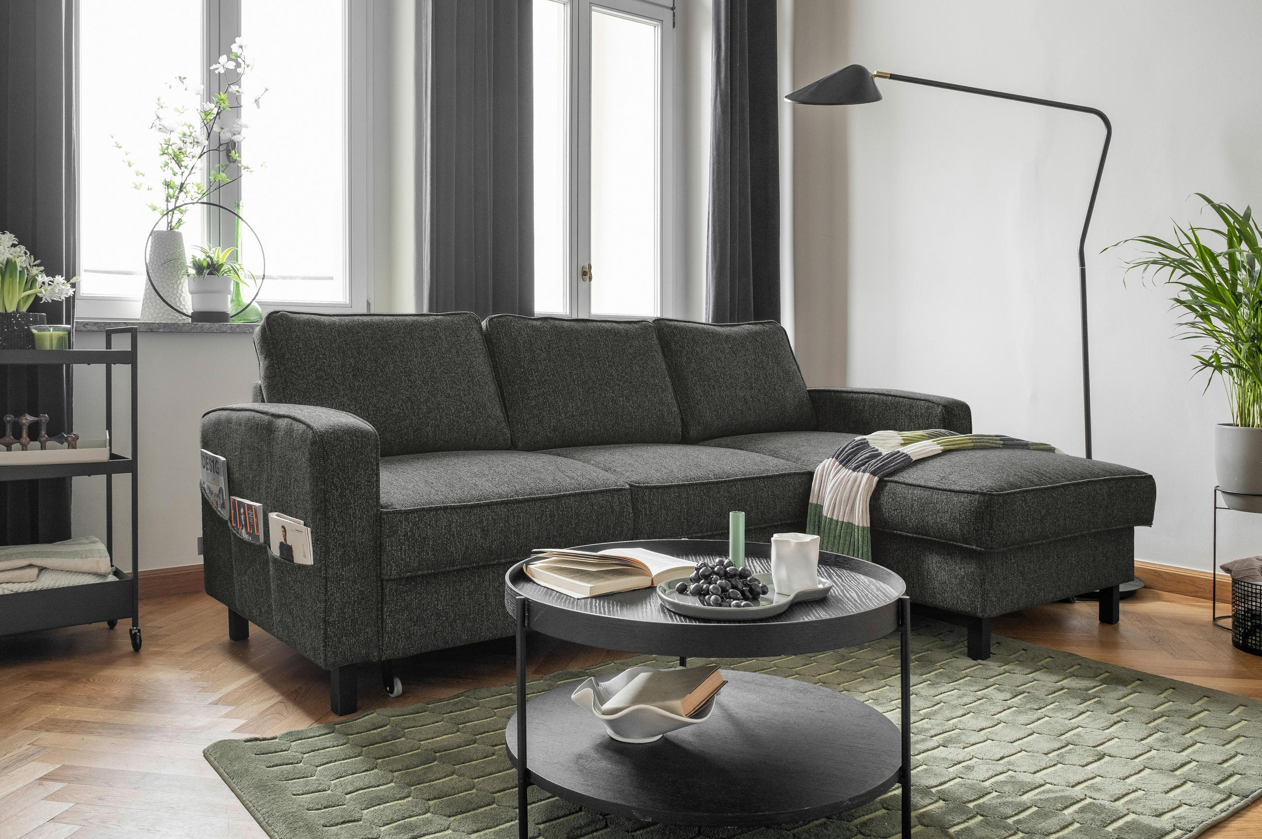 ECKSOFA in Struktur Dunkelgrau  - Dunkelgrau/Schwarz, Holz/Textil (228/148cm) - MID.YOU