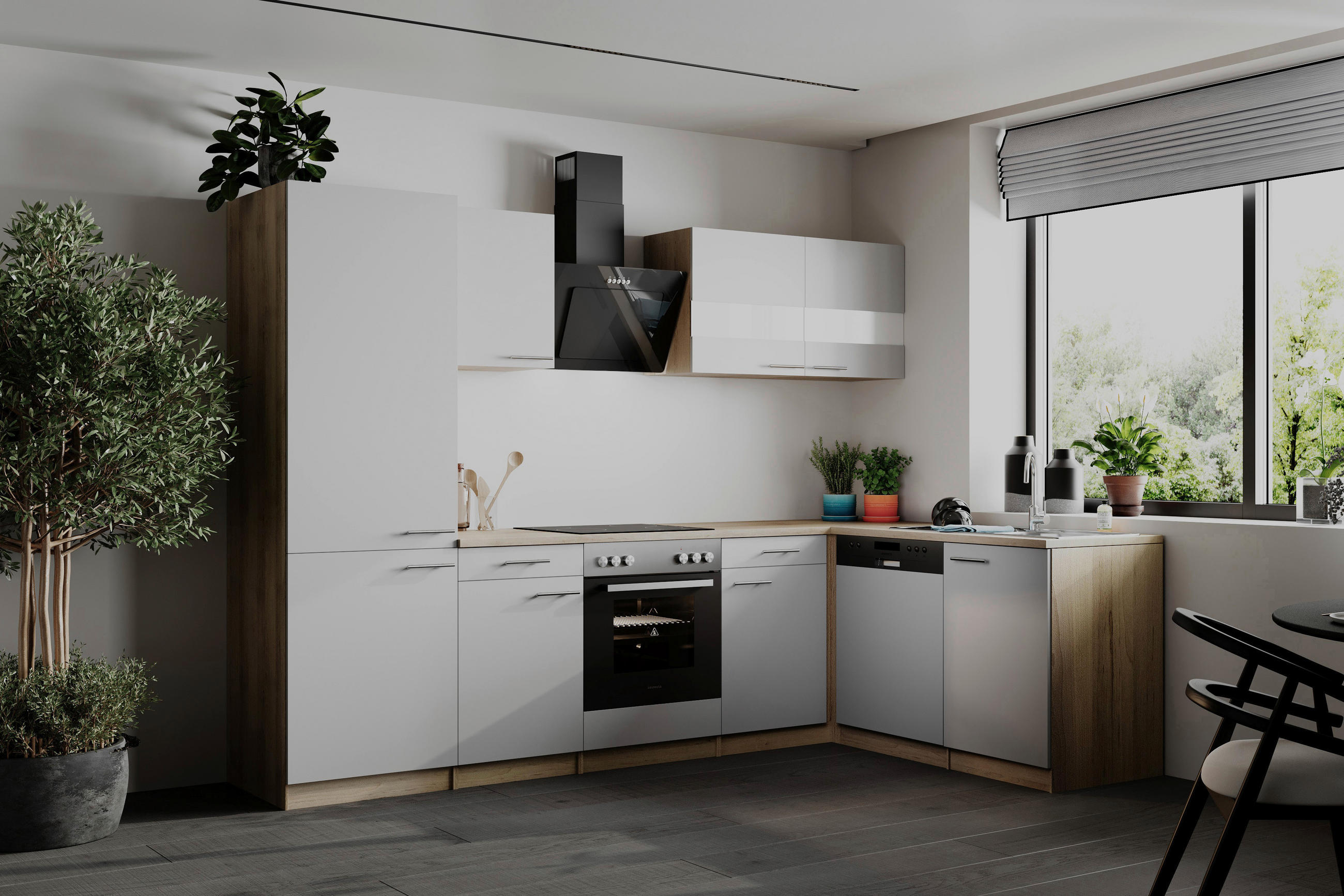 ECKKÜCHE  in Weiß  - Edelstahlfarben/Eichefarben, Basics, Holzwerkstoff/Metall (280cm) - Respekta