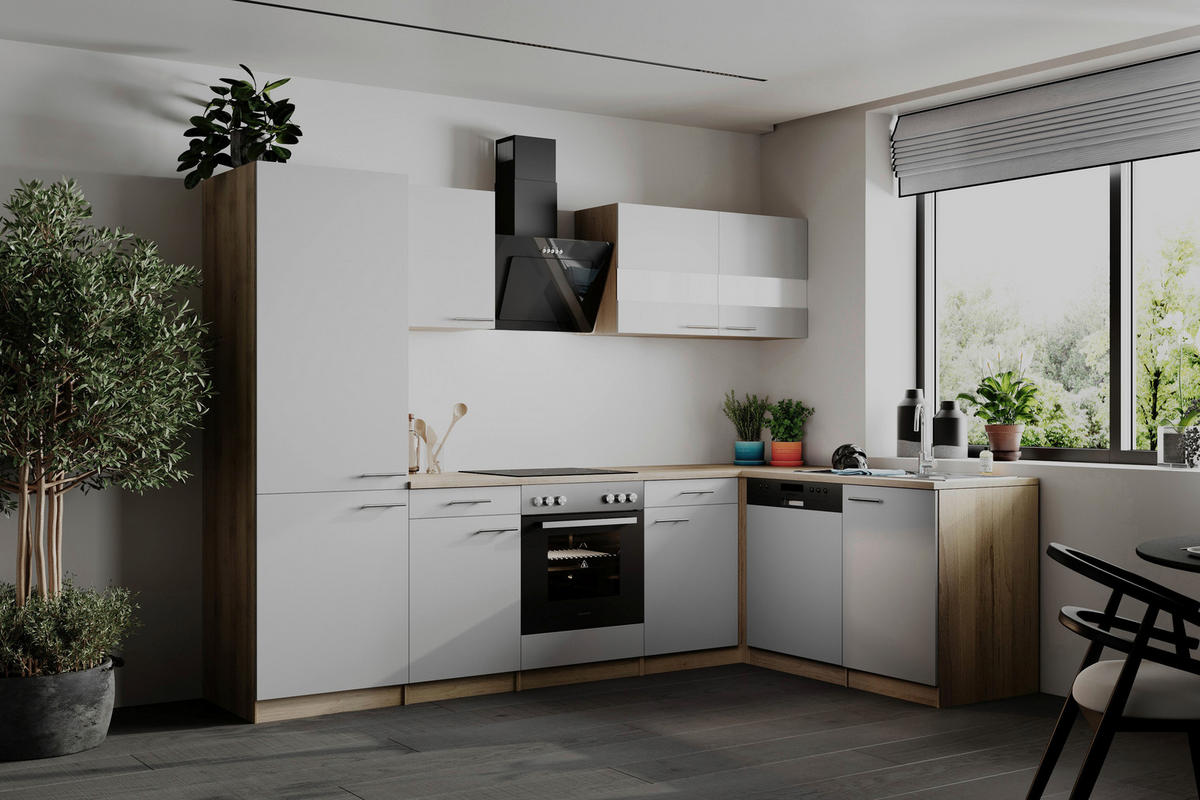 ECKKÜCHE  in Weiß  - Edelstahlfarben/Eichefarben, Basics, Holzwerkstoff/Metall (280cm) - Respekta