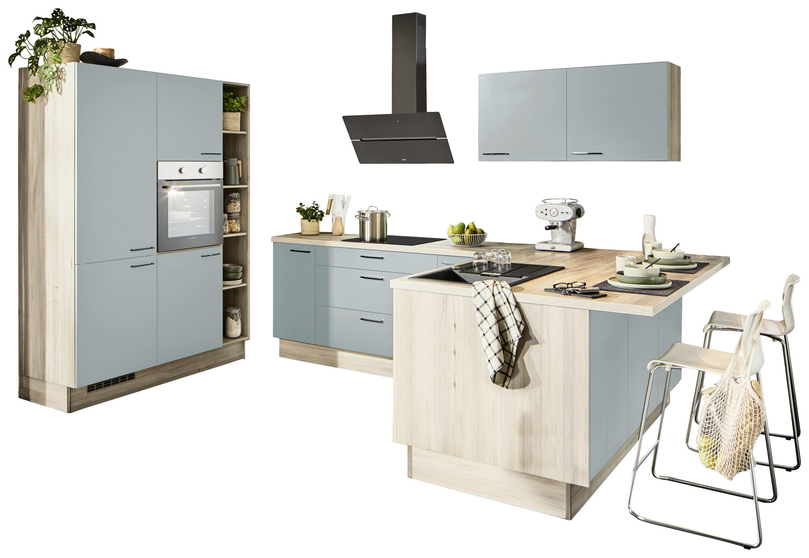 ECKKÜCHE  in Salbeigrün, Tannenholzfarben  - Salbeigrün/Tannenholzfarben, Design, Holzwerkstoff/Metall (150/280/121,6cm) - Xora
