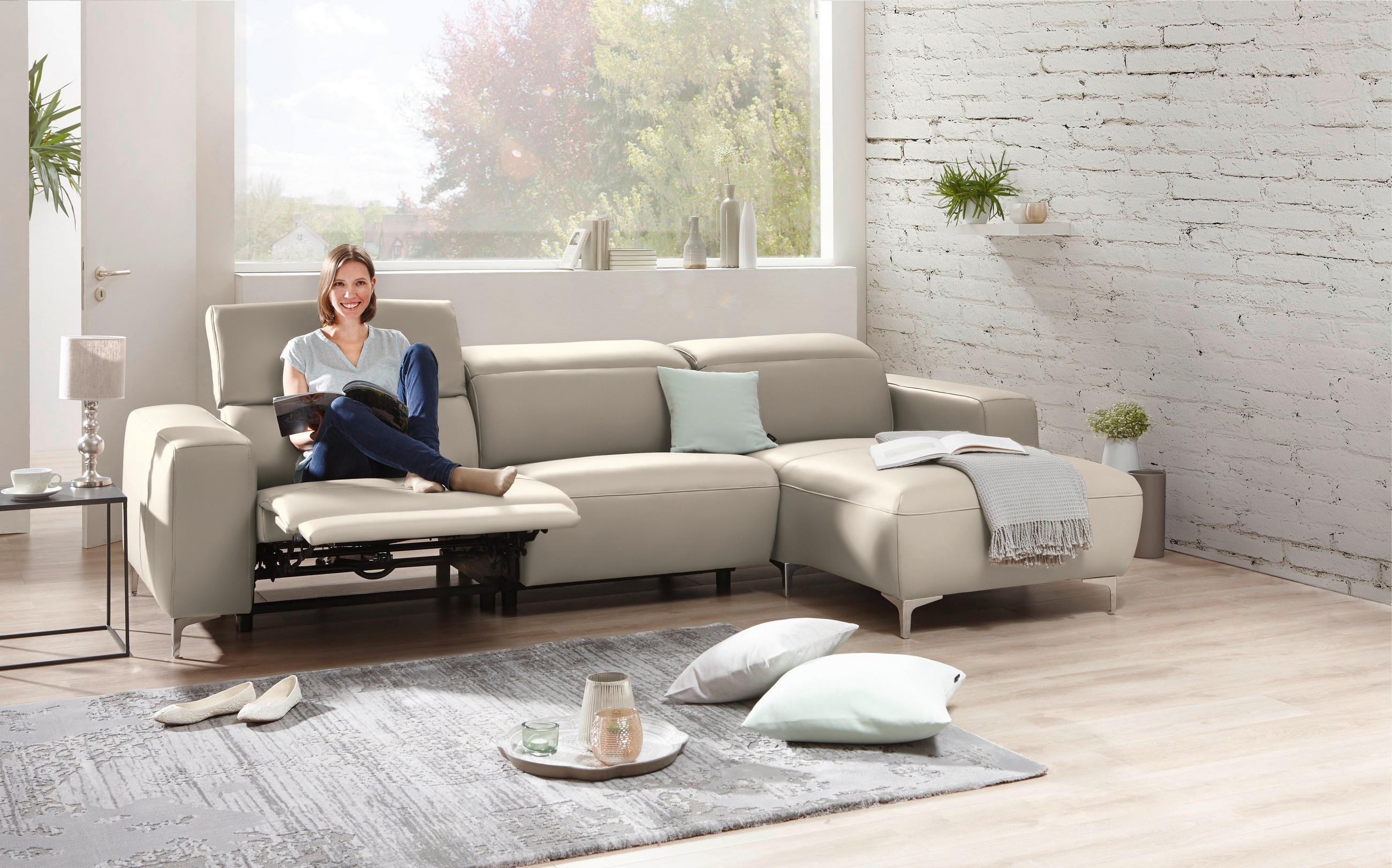 ECKSOFA in Echtleder Beige  - Chromfarben/Beige, Design, Leder/Metall (292/177cm) - Pure Home Lifestyle