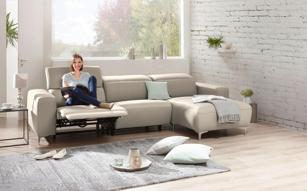 ECKSOFA Beige Echtleder  - Chromfarben/Beige, Design, Leder/Metall (292/177cm) - Pure Home Lifestyle