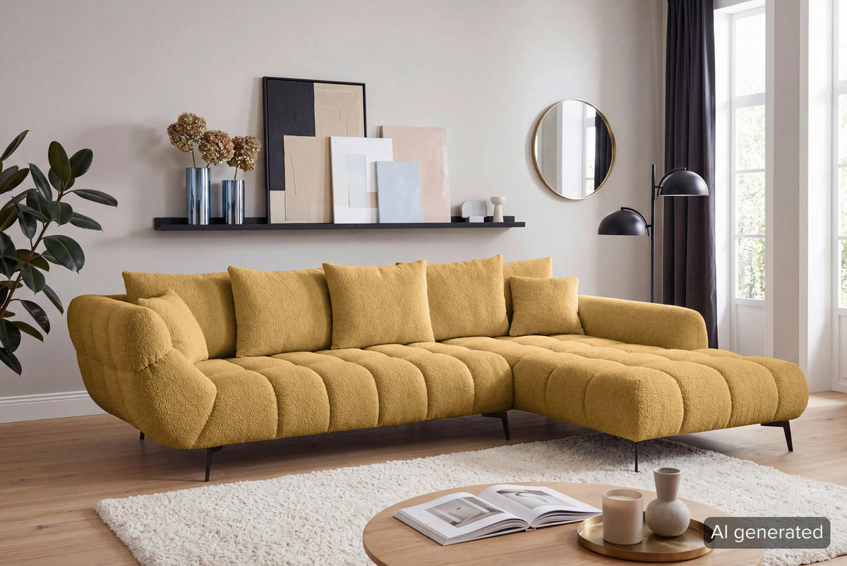 ECKSOFA 318/217 cm  in Bouclé Currygelb Zierkissen, Rückenkissen, Rücken echt  318/217 cm  - Currygelb/Schwarz, MODERN, Textil/Metall (318/217cm) - Carryhome