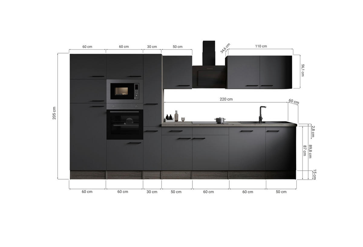 KÜCHENBLOCK 370 cm   in Grau, Eichefarben  - Eichefarben/Schwarz, Design, Holzwerkstoff/Metall (370cm) - Respekta