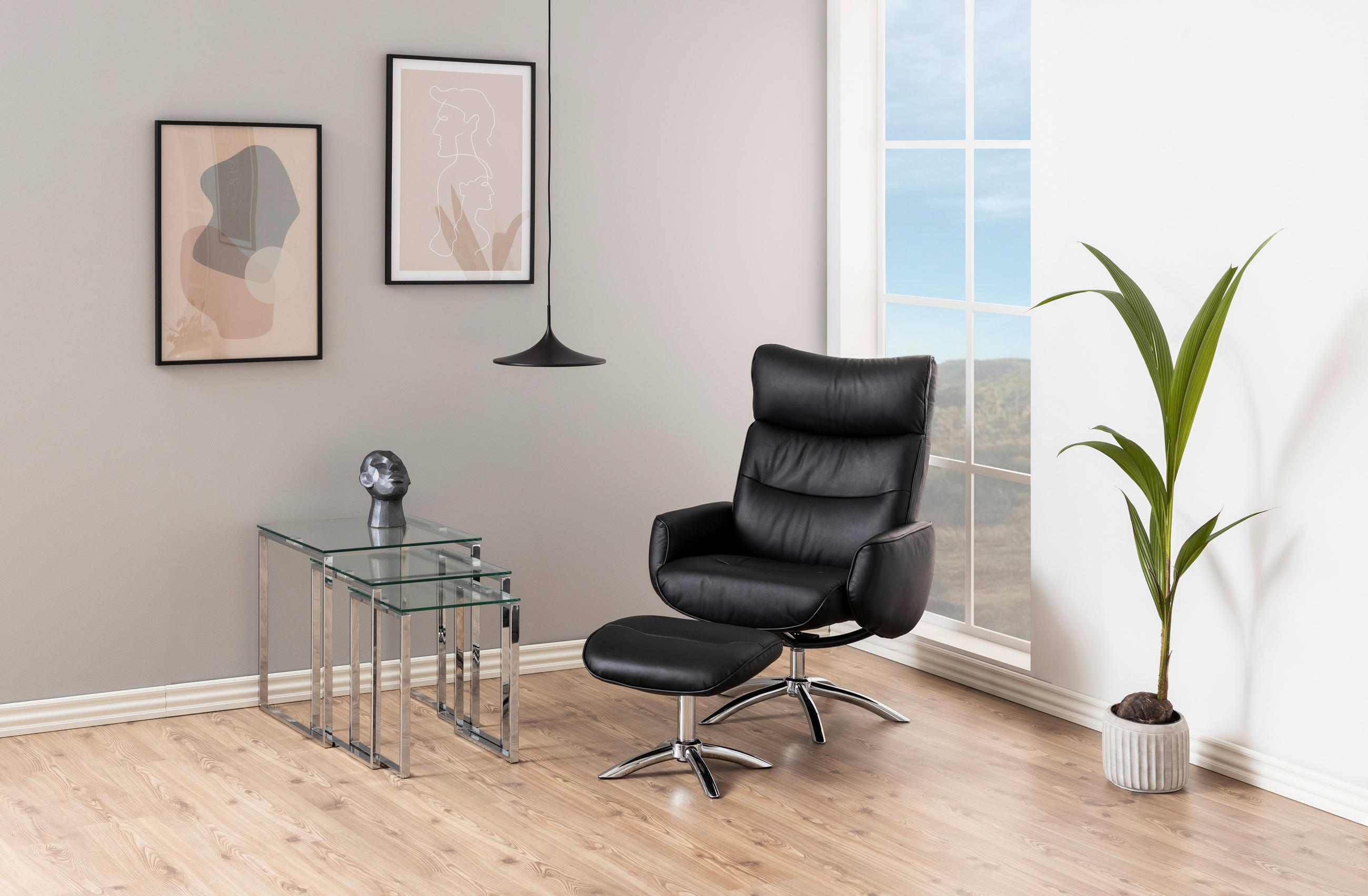 Thumbnail - Beistelltischset Katrine, Klar, Chrom, Glas, 3-teilig, quadratisch, eckig, Kufe, 36-50x45-55x36-50 cm, Wohnzimmer, Wohnz...