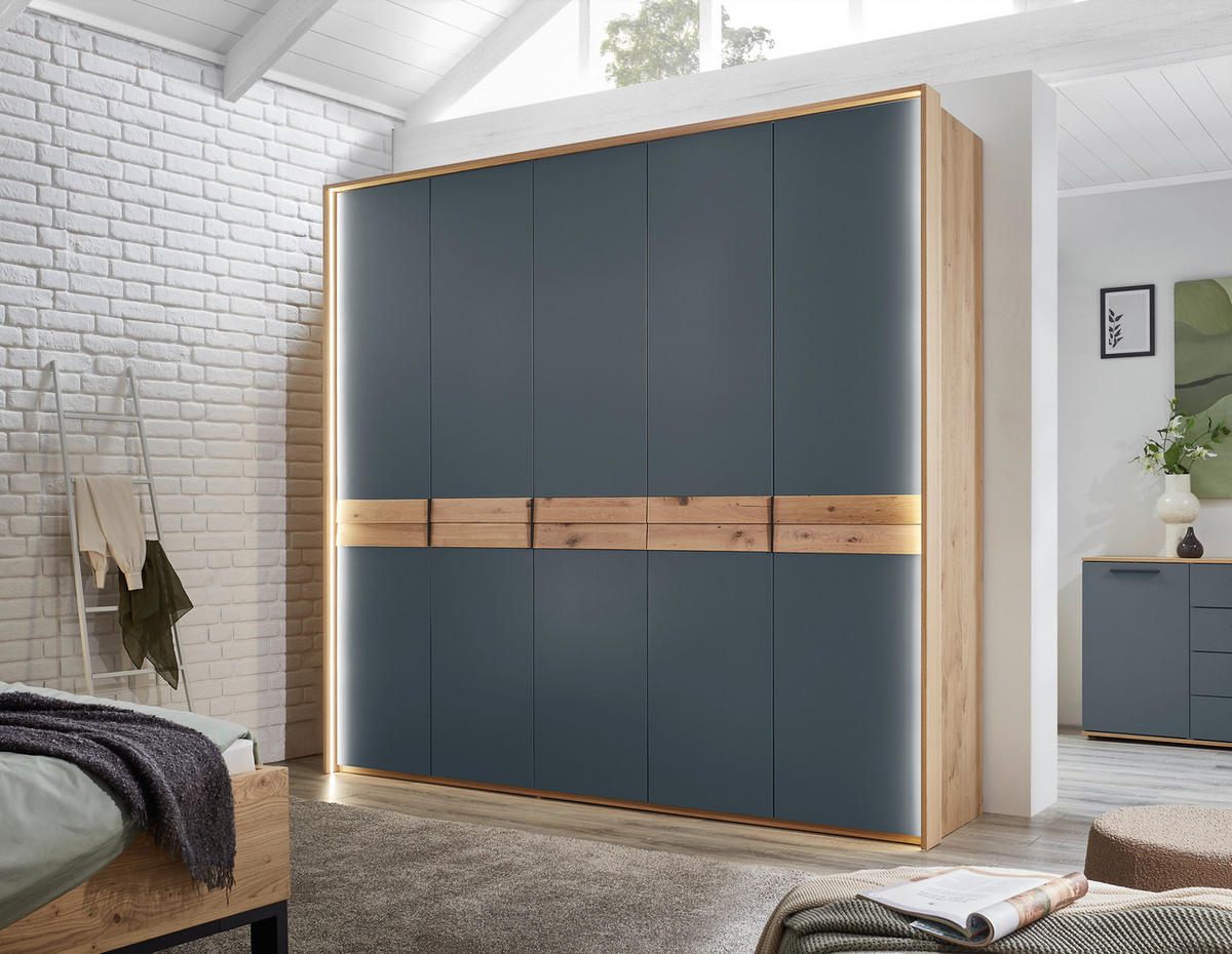 DREHTÜRENSCHRANK 250/229/60 cm,  in Blau, Eichefarben, 5-türig  - Blau/Eichefarben, Design, Holzwerkstoff/Metall (250/229/60cm) - Dieter Knoll