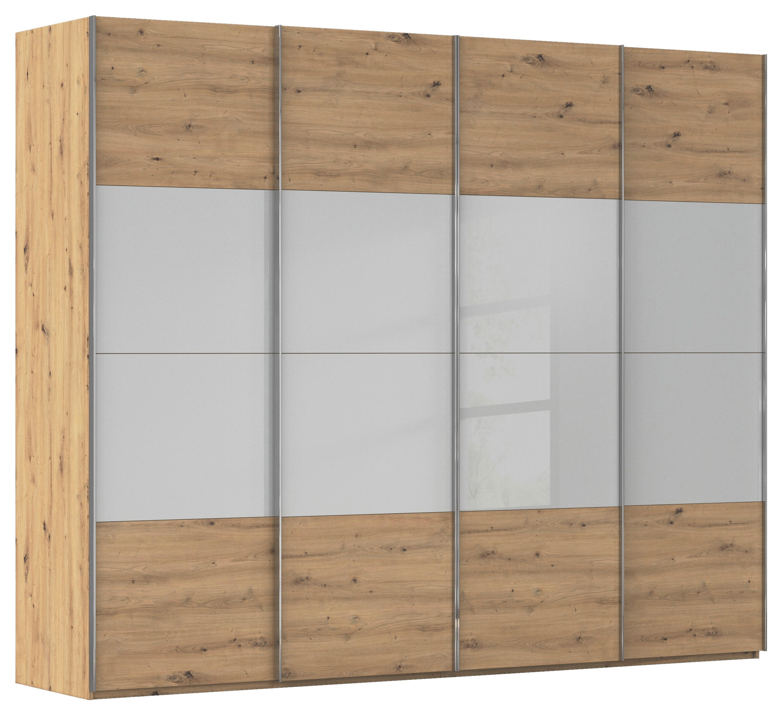 SCHWEBETÜRENSCHRANK 271/235/68 cm 4-türig Grau, Eiche Artisan  - Chromfarben/Weiß, KONVENTIONELL, Glas/Holzwerkstoff (271/235/68cm) - Novel