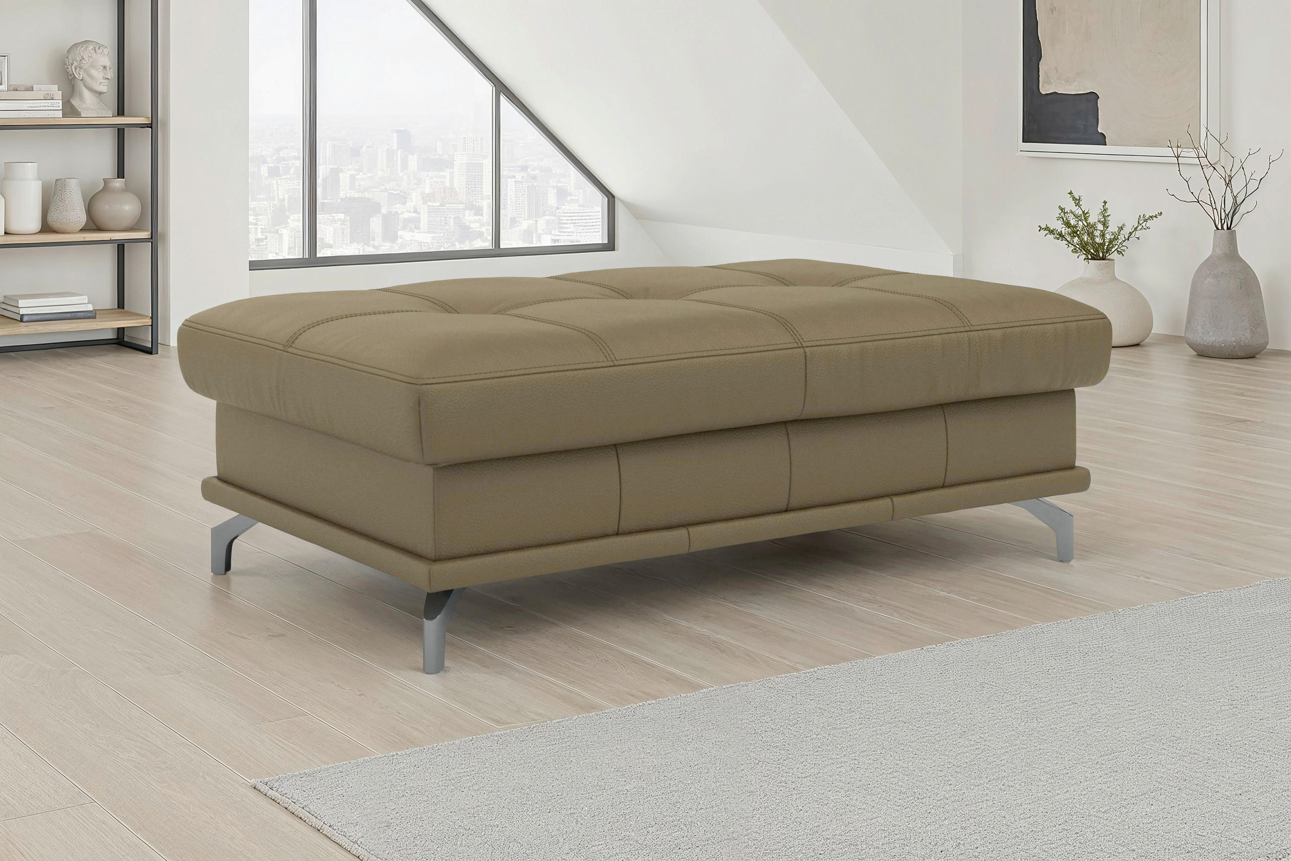 HOCKER COSTELLO E Echtleder Olivgrün  - Schwarz/Olivgrün, Basics, Leder/Metall (133/47/72cm) - Sit & More