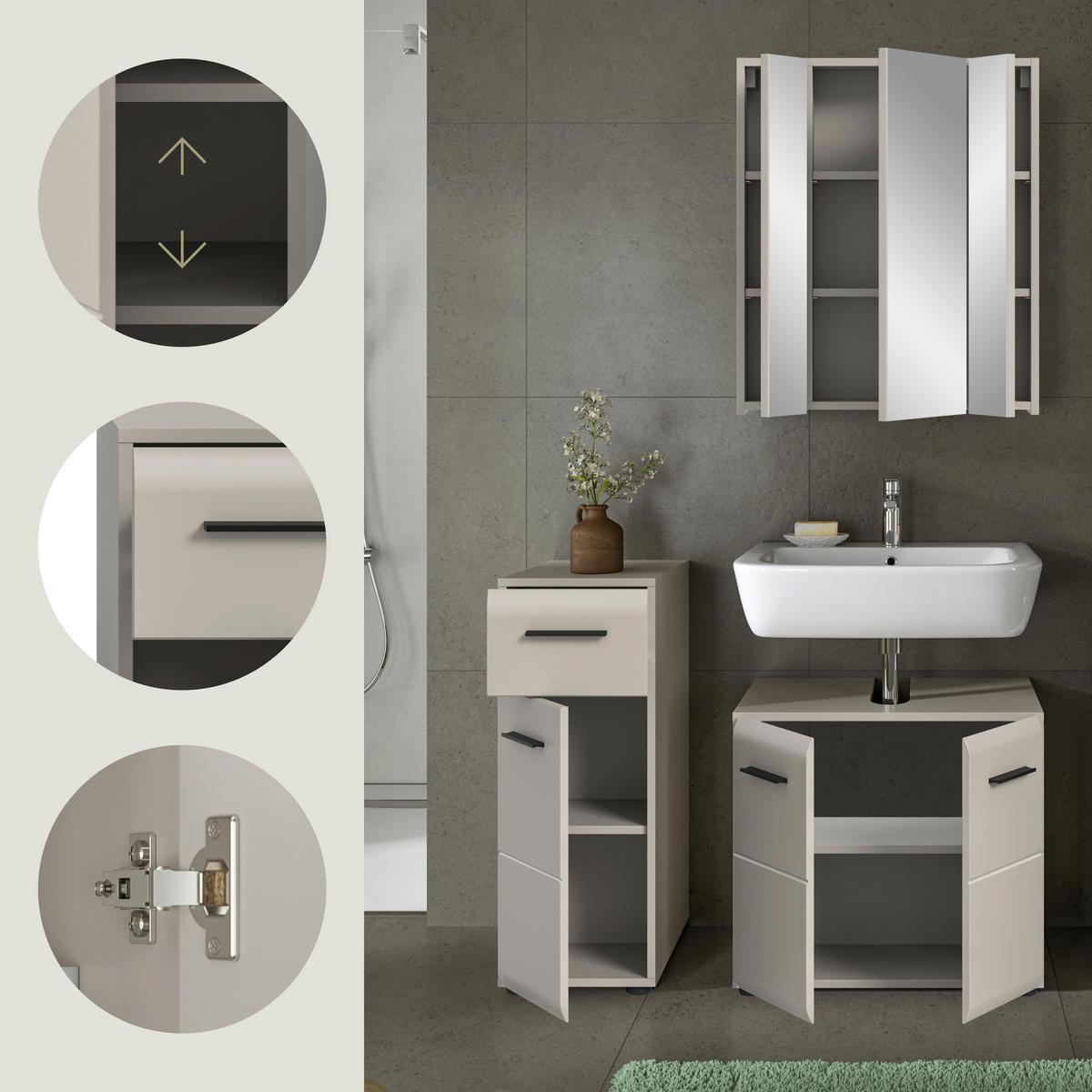 BADEZIMMER 3-teilig  in 90 cm  - Kaschmir/Schwarz, Trend, Glas/Holzwerkstoff (90cm) - MID.YOU