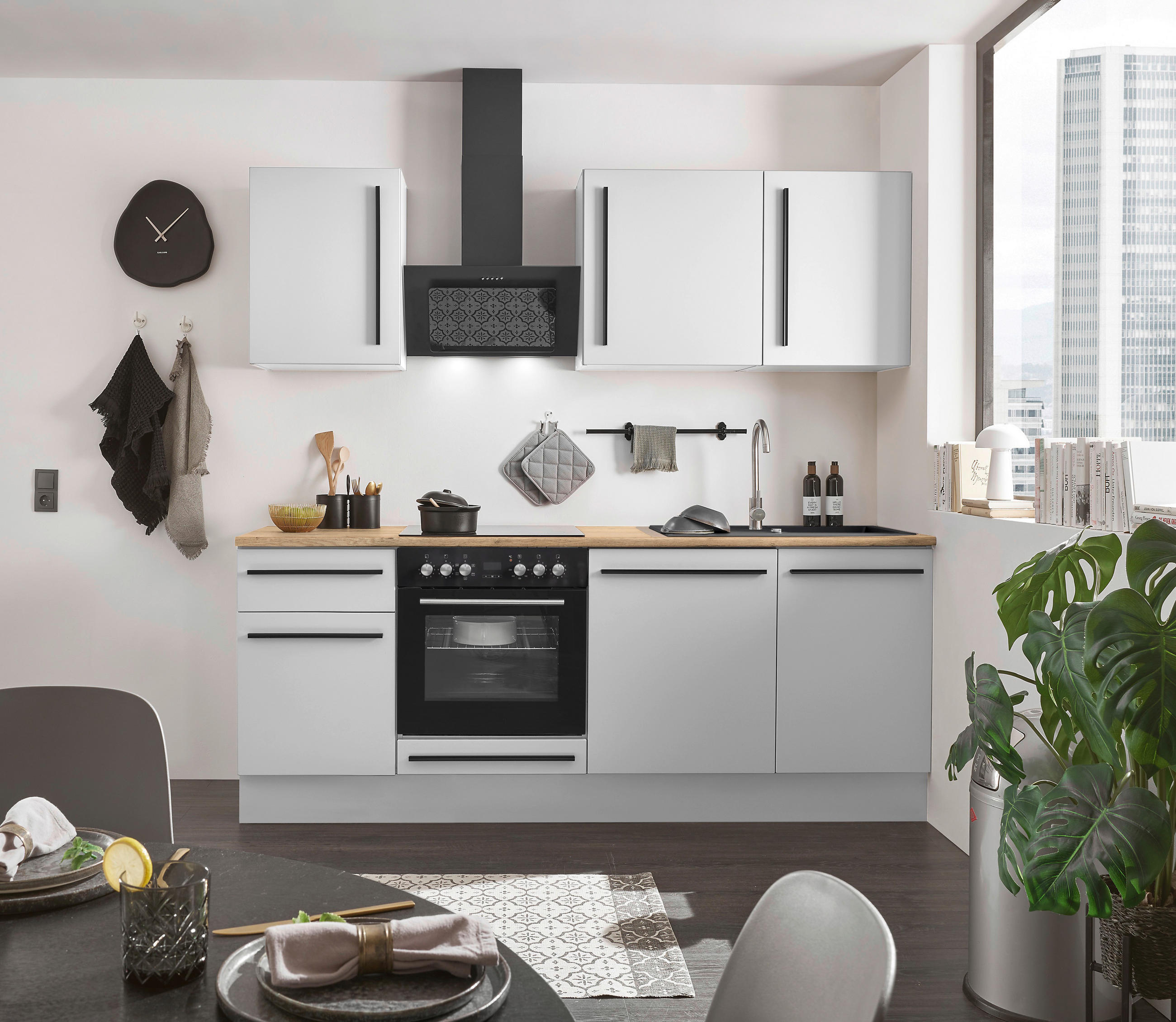 KÜCHENBLOCK 220 cm   in Weiß, Eichefarben  - Eichefarben/Schwarz, Design, Holzwerkstoff/Kunststoff (220cm) - MID.YOU