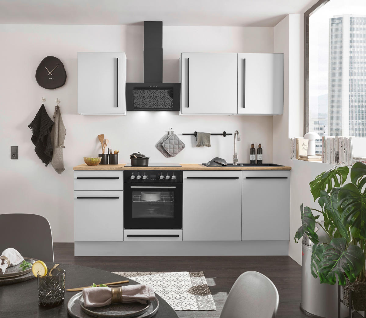 KÜCHENBLOCK 220 cm   in Weiß, Eichefarben  - Eichefarben/Schwarz, Design, Holzwerkstoff/Kunststoff (220cm) - MID.YOU