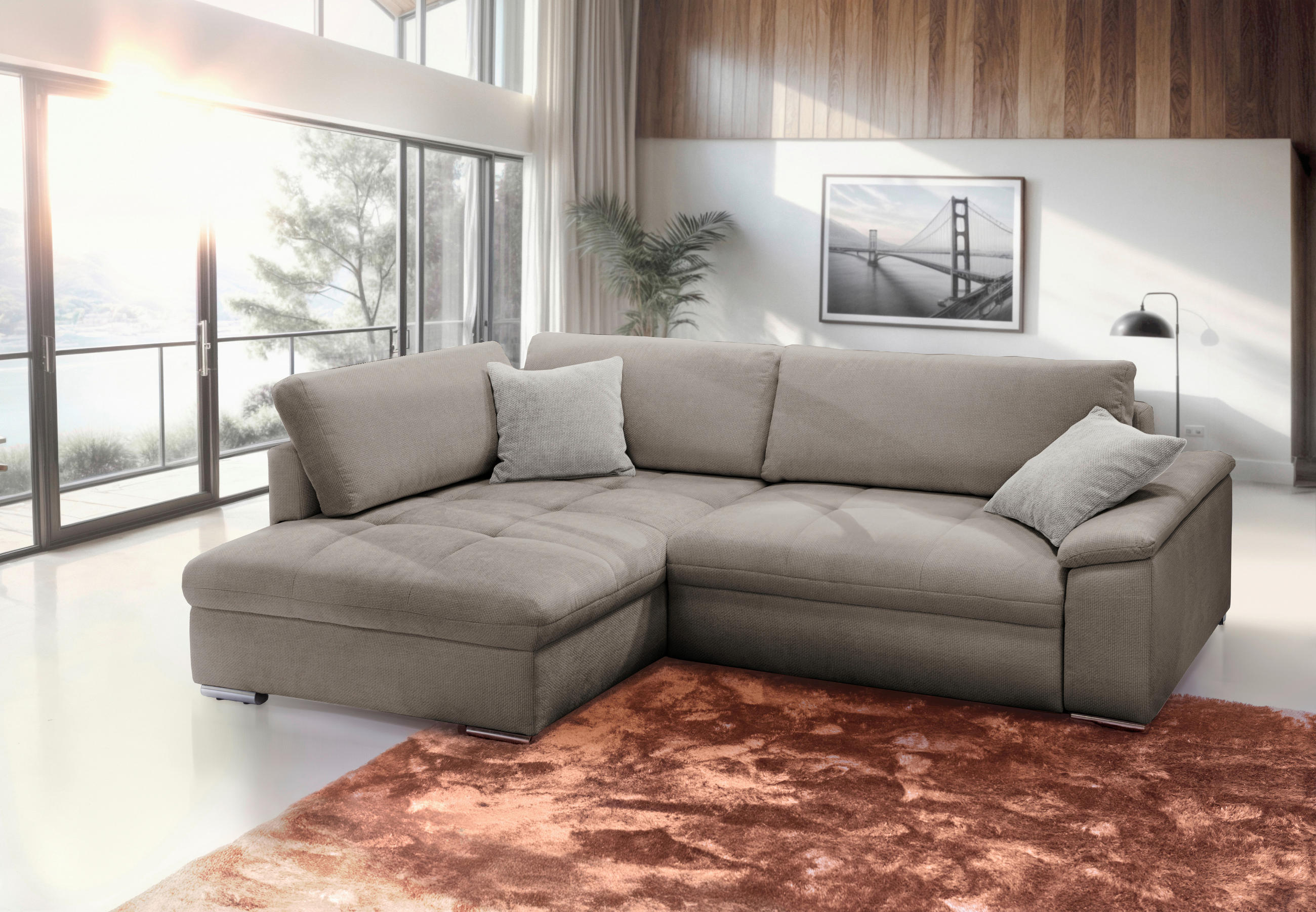 ECKSOFA in Chenille, Struktur Hellbraun  - Hellbraun/Beige, Design, Textil/Metall (178/268cm) - Livetastic