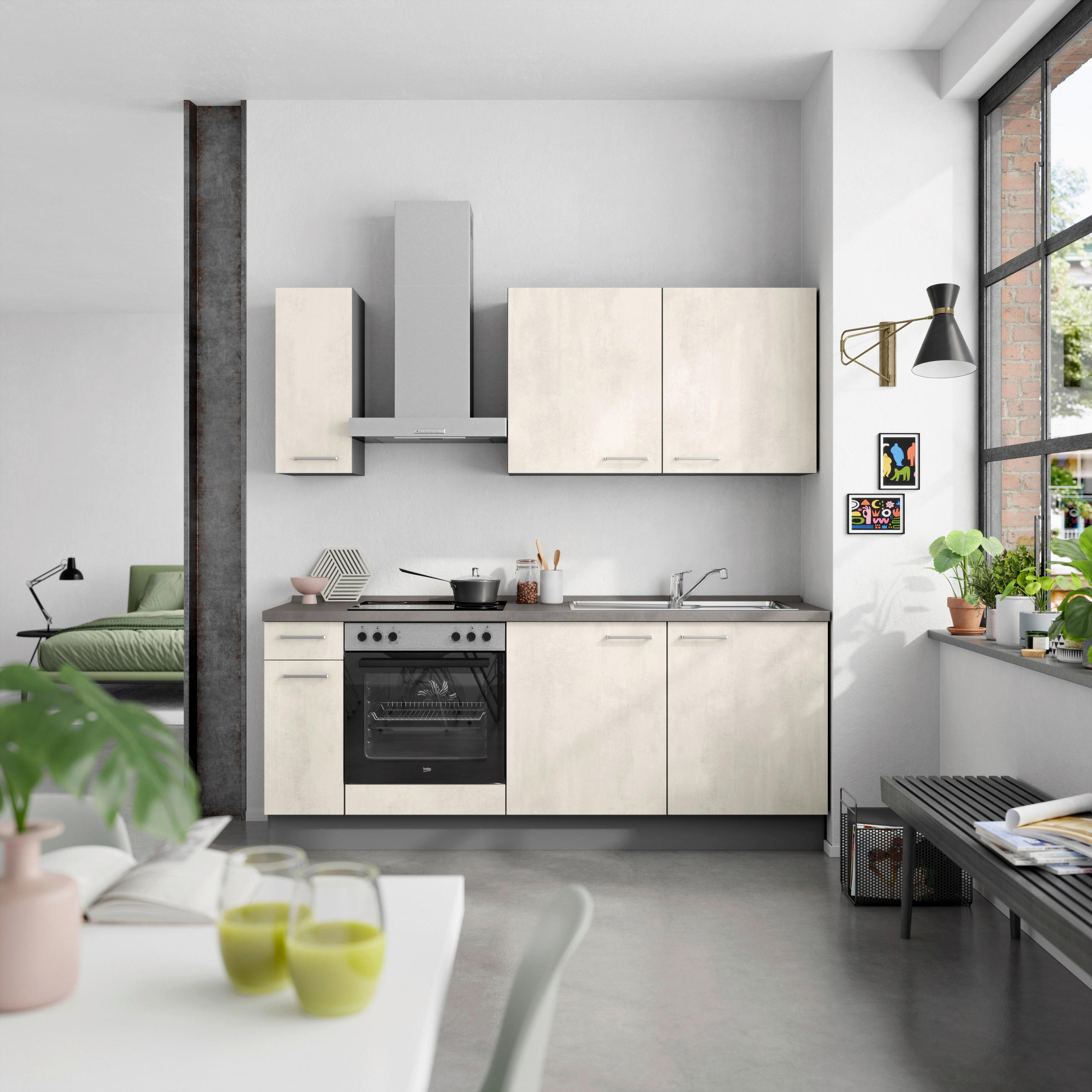 KÜCHENBLOCK Riva 210 cm  in Weiß, Schieferfarben  - Schieferfarben/Edelstahlfarben, MODERN, Holzwerkstoff/Metall (210cm) - Nobilia
