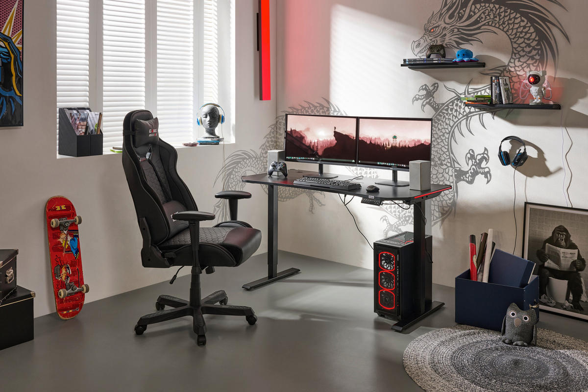 HERNÍ STŮL, černá, 140/70/73-118 cm - černá, Design, kov/kompozitní dřevo (140/70/73-118cm) - BX Gaming