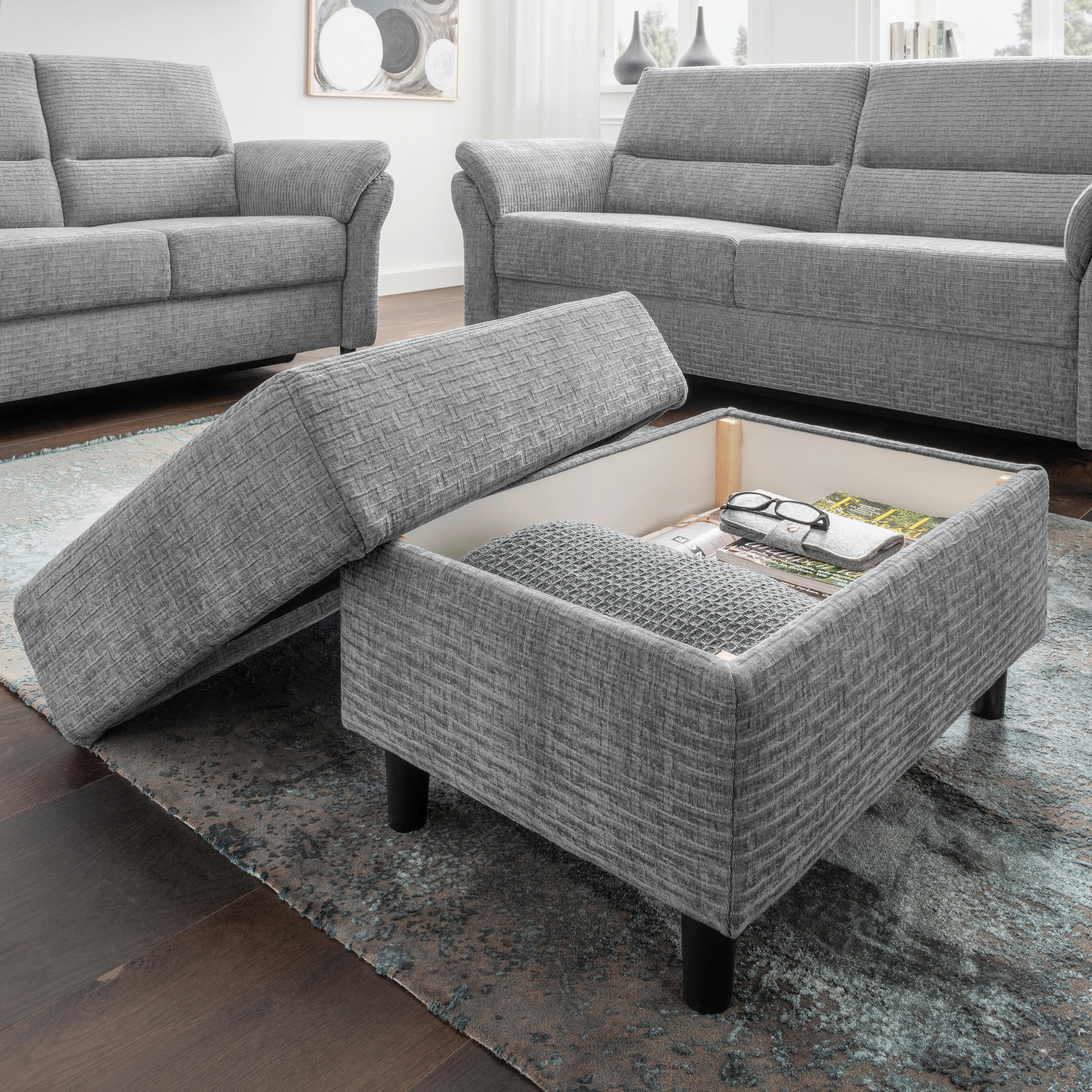 Thumbnail - Livetastic Hocker, Grau, Textil, Buche, rechteckig, 76x46x55 cm, Made in EU, Stauraum, Wohnzimmer, Hocker, Sitzhocker