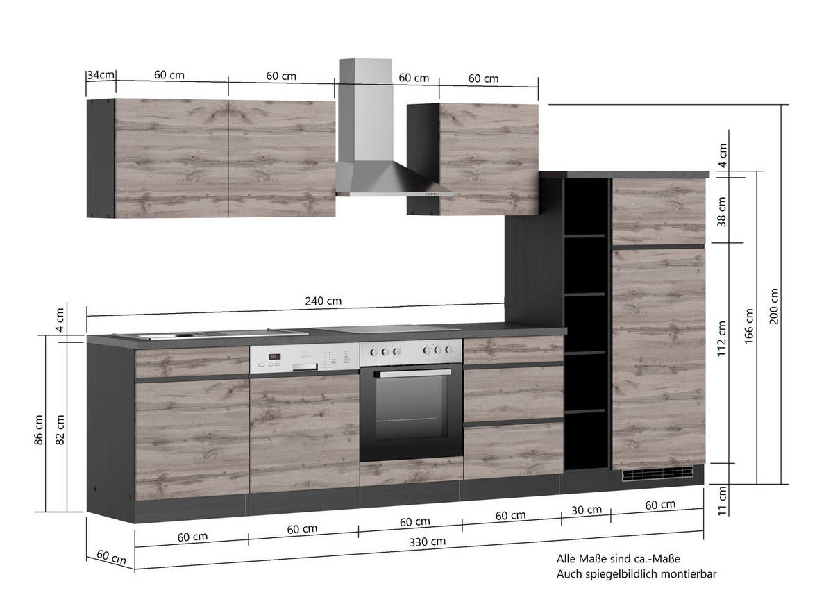 KÜCHENBLOCK 330 cm   in Eiche Wotan, Graphitfarben  - Eiche Wotan/Graphitfarben, Design, Holzwerkstoff (330cm) - Held