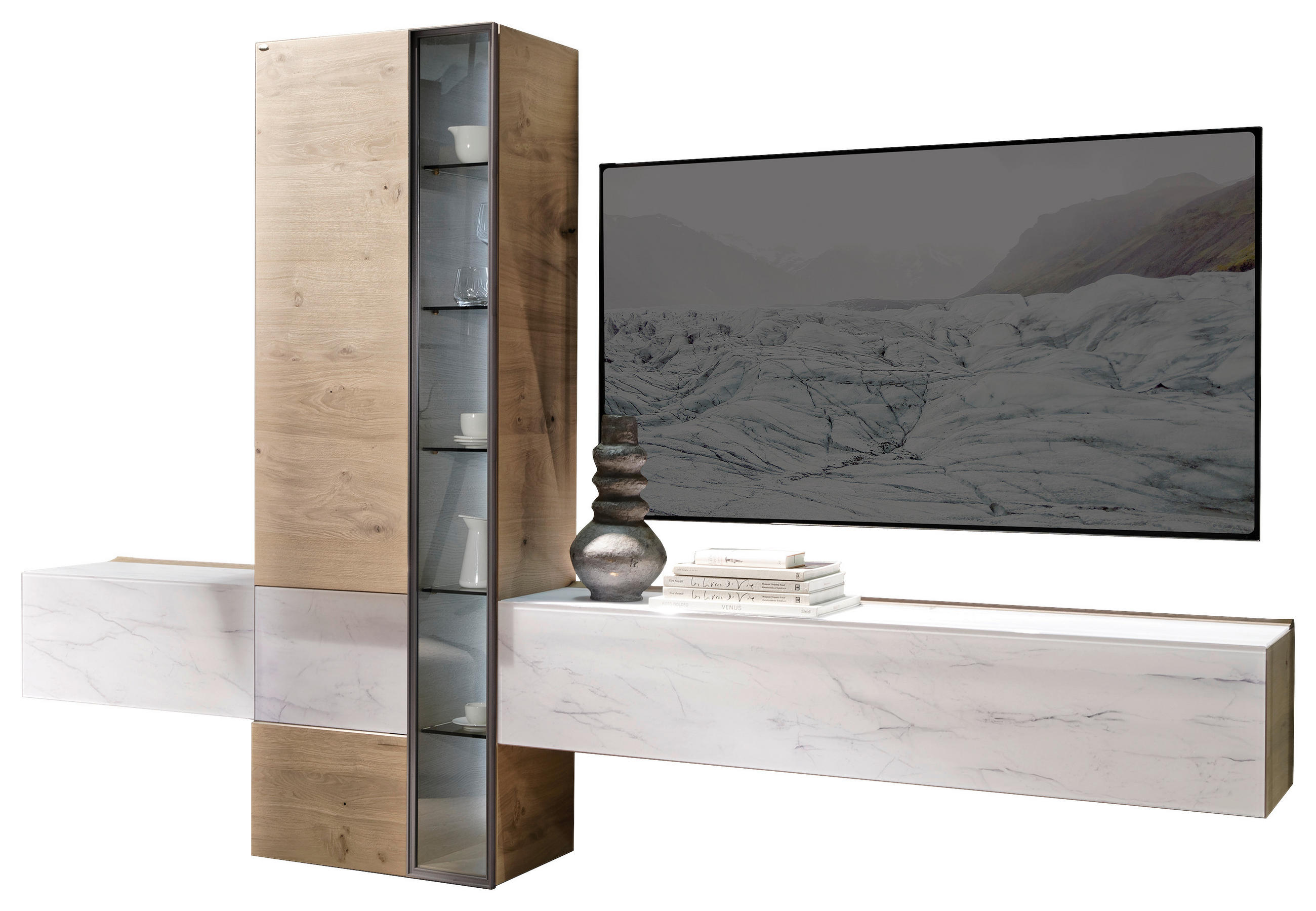 WOHNWAND  in Schwarz, Weiss, Wildeiche 296/194/42,6 cm  - Wildeiche/Weiss, Natur, Glas/Holz (296/194/42,6cm) - Voglauer