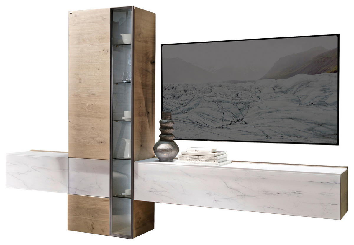 WOHNWAND  in Schwarz, Weiss, Wildeiche 296/194/42,6 cm  - Wildeiche/Weiss, Natur, Glas/Holz (296/194/42,6cm) - Voglauer