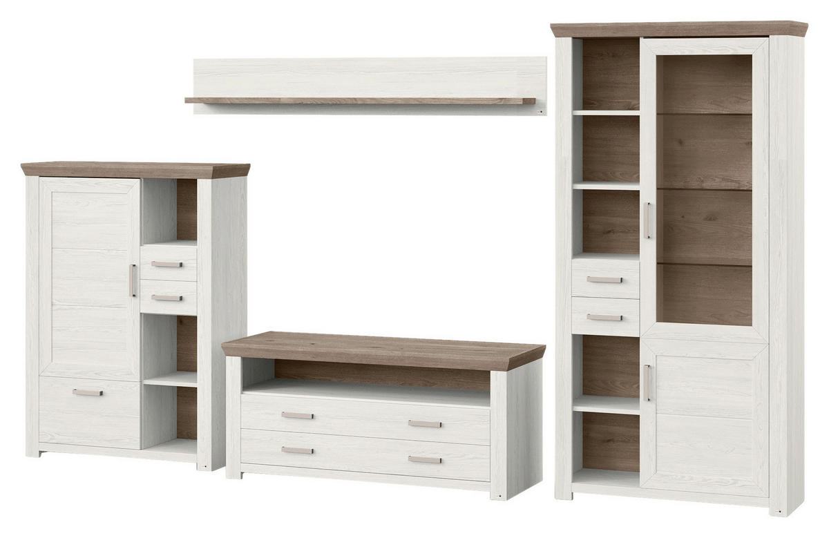 WOHNWAND  in Weiß, Eichefarben  370/206,6/51,2 cm  - Eichefarben/Weiß, Design, Glas/Holzwerkstoff (370/206,6/51,2cm) - SetOne by Musterring