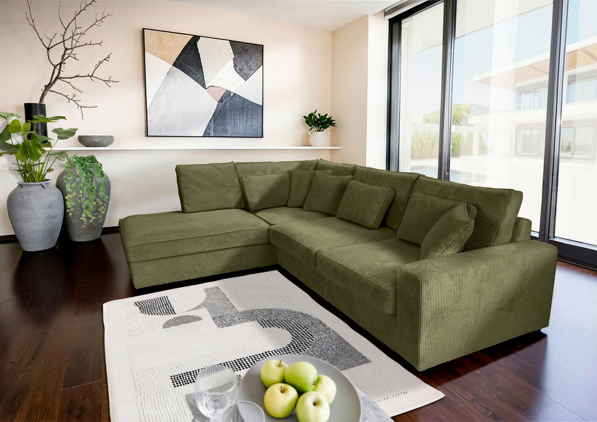 ECKSOFA  in Cord Olivgrün Zierkissen, Rückenkissen, Rücken echt  228/307 cm  - Schwarz/Olivgrün, MODERN, Kunststoff/Textil (228/307cm) - Carryhome