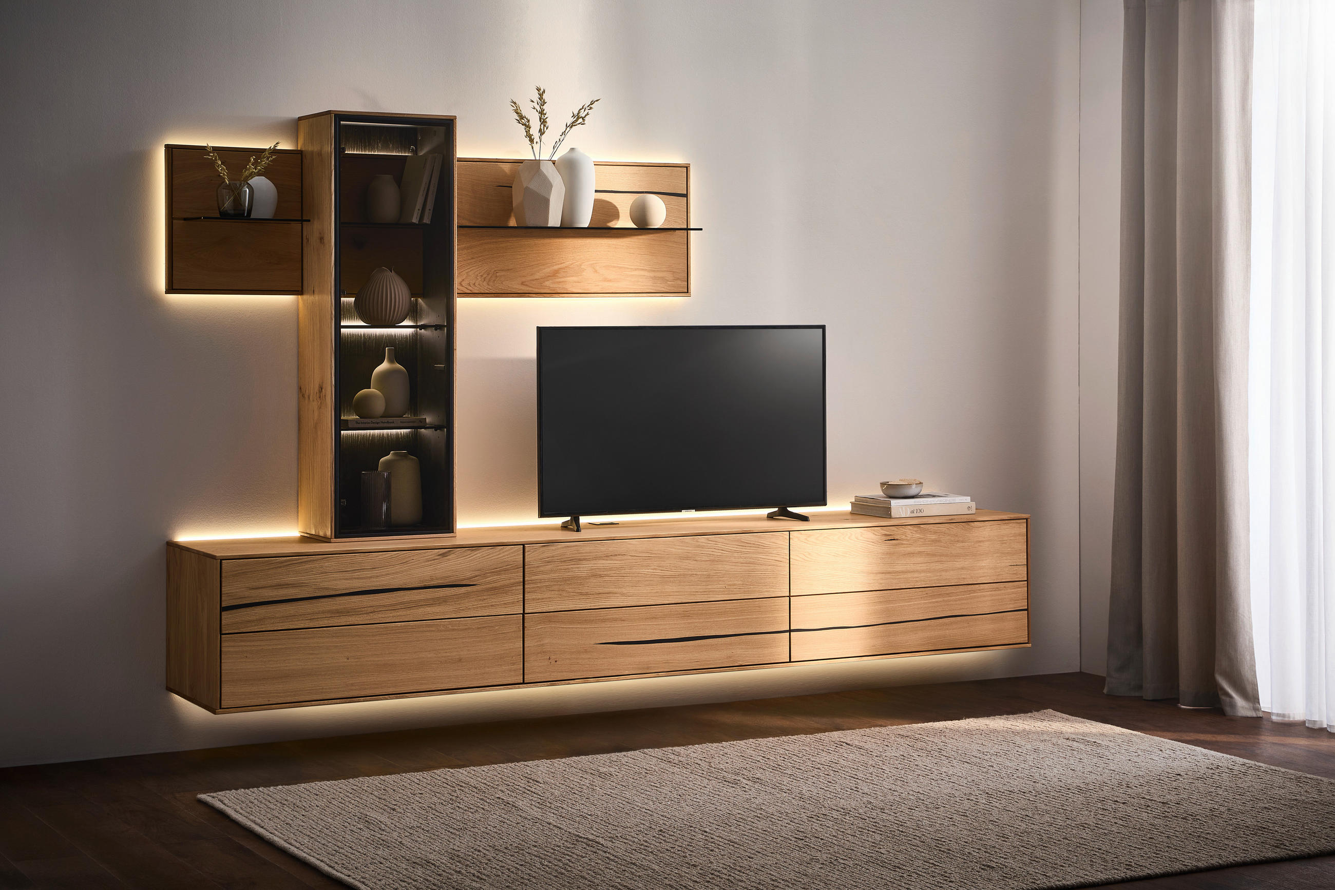 WOHNWAND 3-teilig  in Braun, Schwarz, Eichefarben  280/195/50 cm  - Eichefarben/Schwarz, Natur, Glas/Holz (280/195/50cm) - Waldwelt