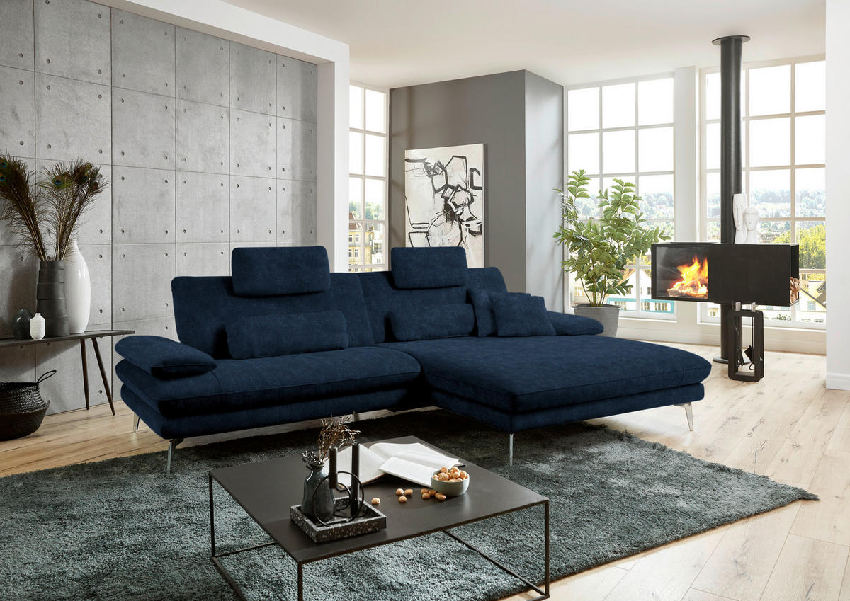 ECKSOFA in Velours Dunkelblau  284/184 cm  - Schwarz/Dunkelblau, Design, Textil/Metall (284/184cm) - Dieter Knoll