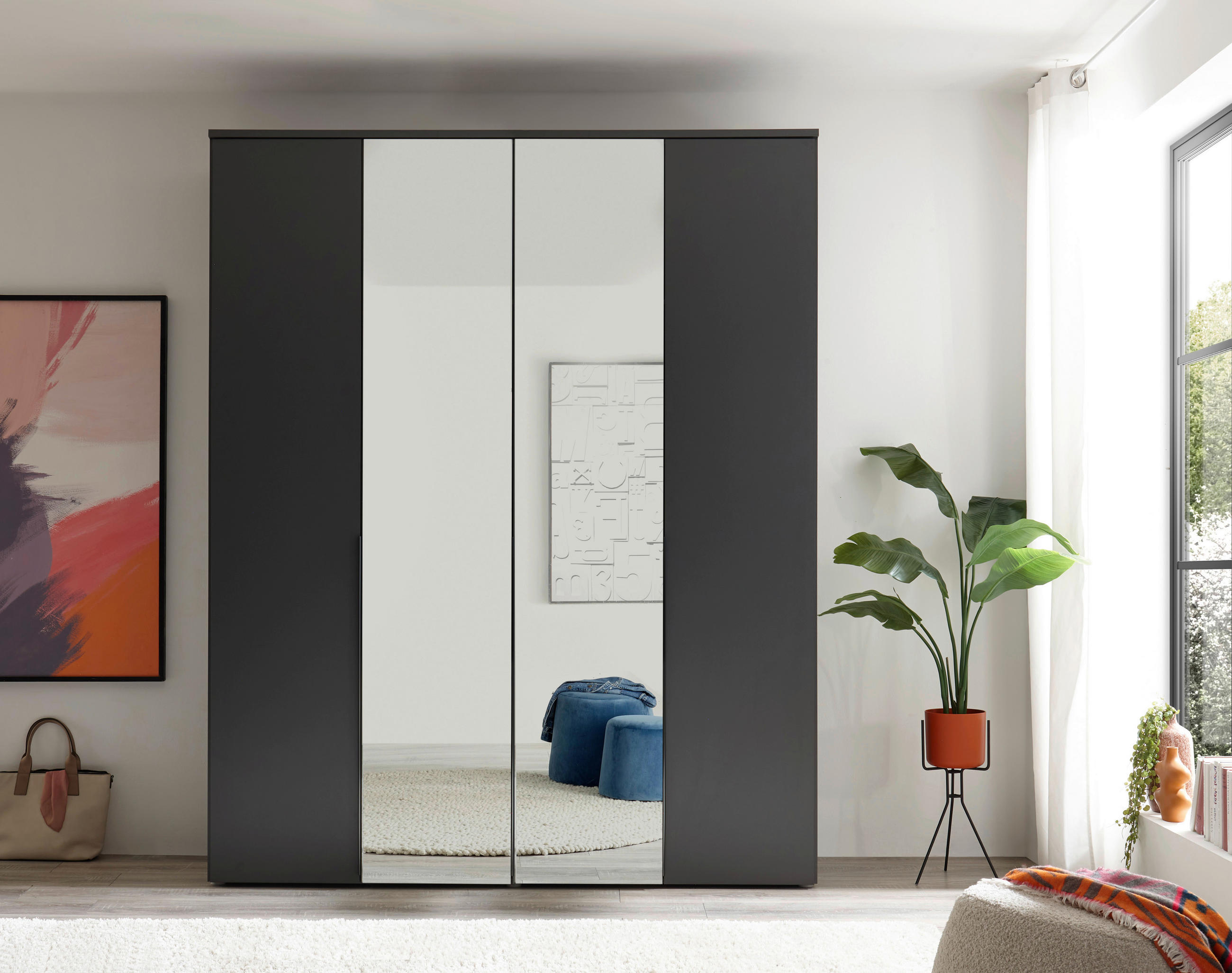 DREHTÜRENSCHRANK 180/225/52 cm 4-türig Graphitfarben  - Graphitfarben/Schwarz, MODERN, Glas/Holzwerkstoff (180/225/52cm) - MID.YOU