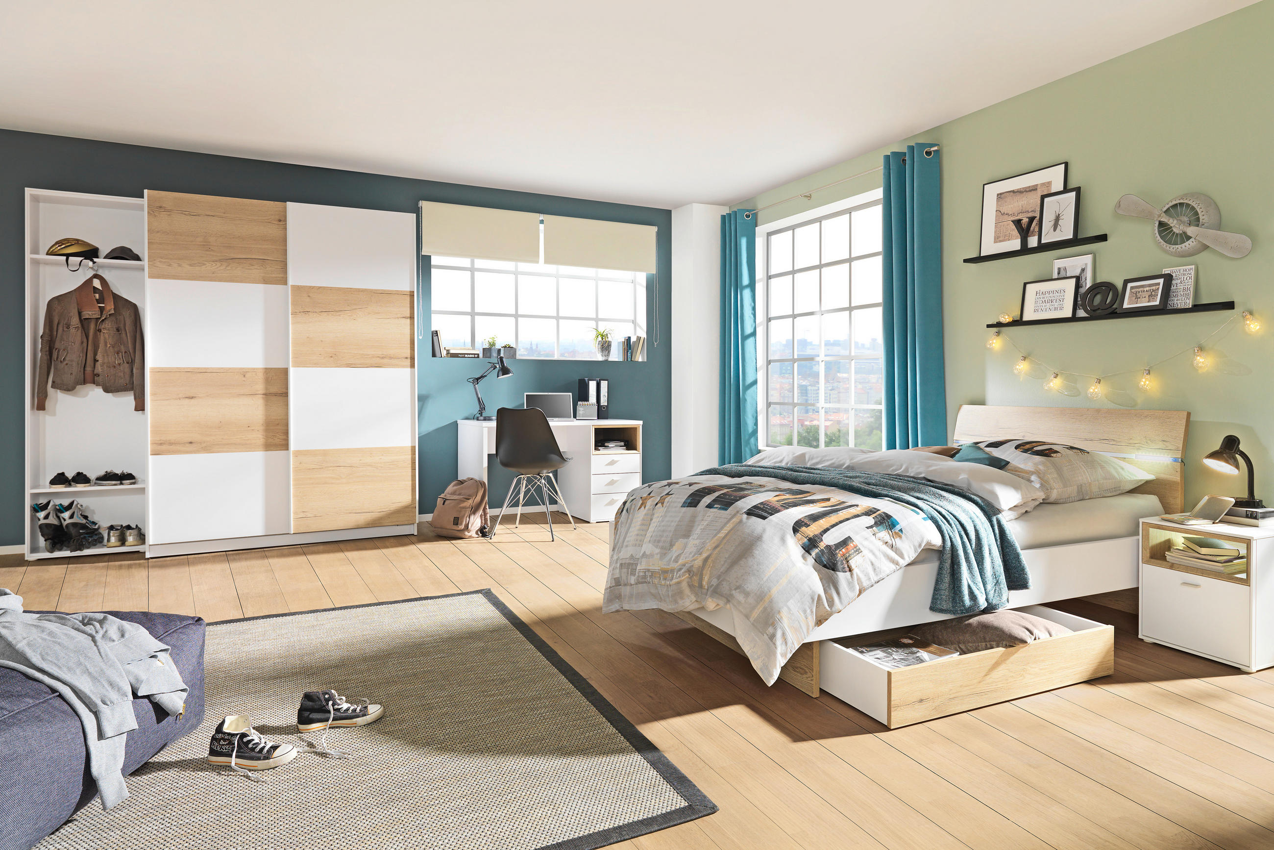 Thumbnail - Hom`in Schreibtisch, Weiß, Eiche, Metall, 3 Schublade(n) Schubladen, rechteckig, Wange, 70x74x120 cm, Stauraum, Arbeitsz...