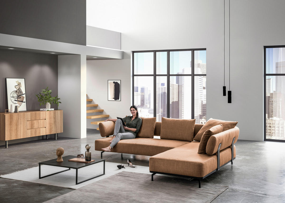 ECKSOFA in Echtleder Dunkelgelb  222/282 cm  - Dunkelgelb/Schwarz, Design, Leder/Metall (222/282cm) - Dieter Knoll