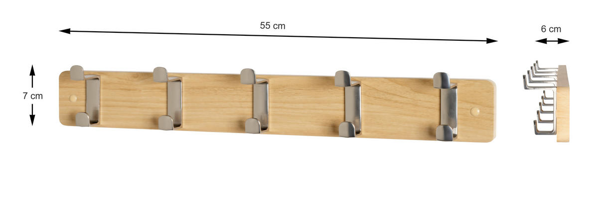HAKENLEISTE  in Eichefarben, Edelstahlfarben  - Edelstahlfarben/Eichefarben, MODERN, Holzwerkstoff/Metall (55/7/6cm)
