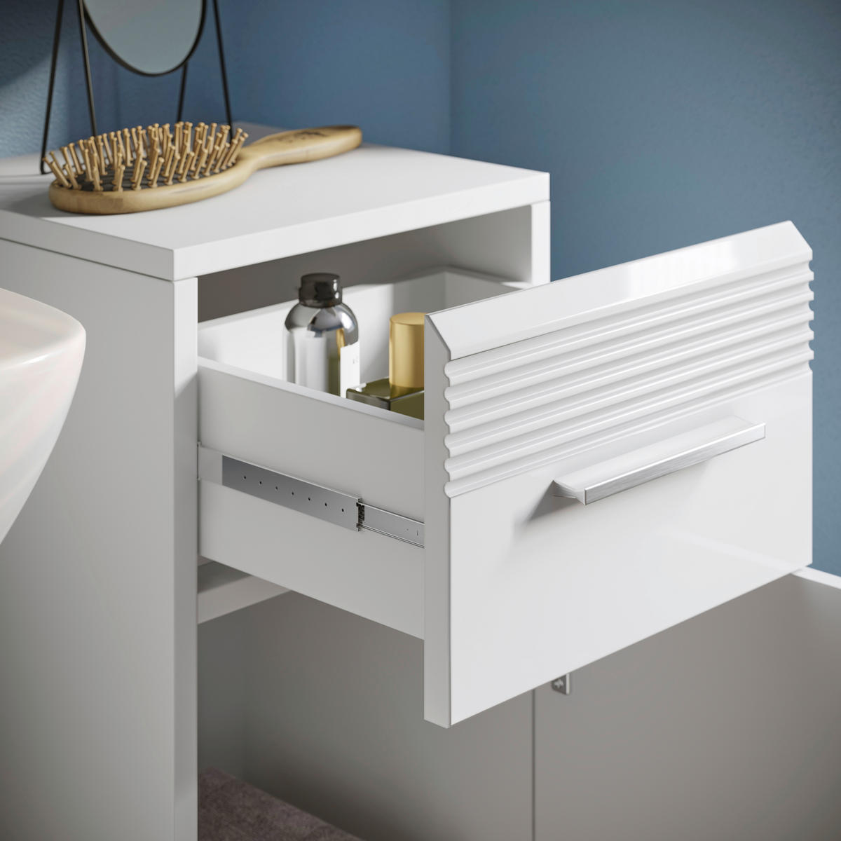 BADEZIMMER 4-teilig  in 90 cm  - Weiß Hochglanz/Silberfarben, MODERN, Glas/Holzwerkstoff (90cm) - MID.YOU