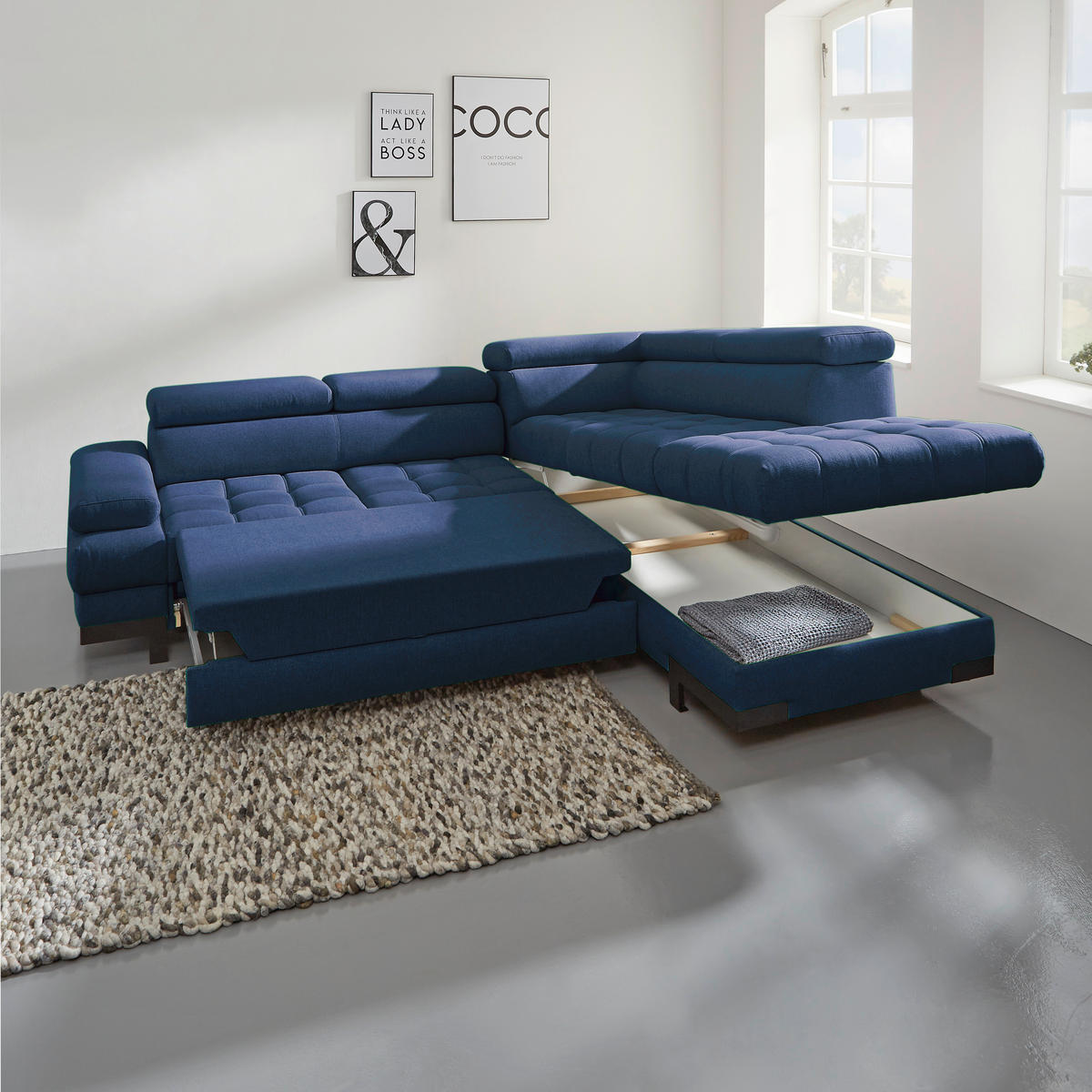 ECKSOFA Dunkelblau Webstoff  - Schwarz/Dunkelblau, Design, Textil/Metall (263/223cm) - Welnova