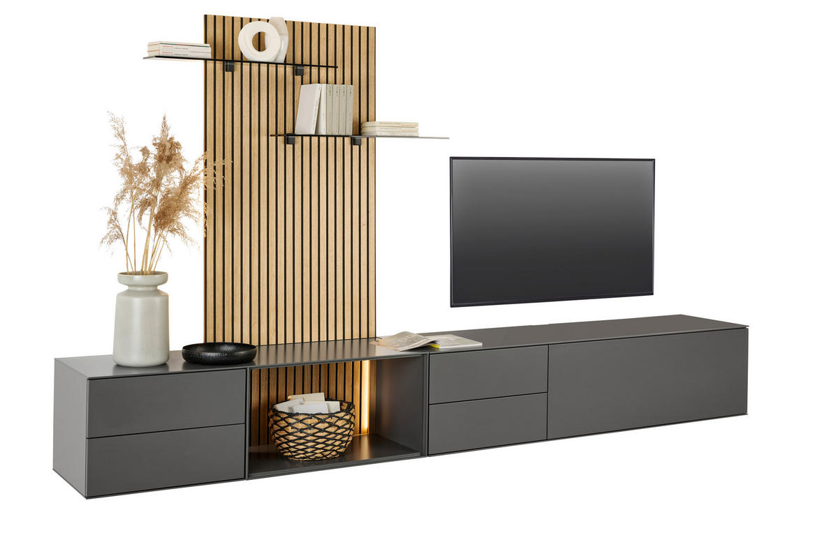 WOHNWAND  in Anthrazit, Eichefarben  321/204/50 cm LED-Leuchtmittel   - Eichefarben/Anthrazit, Design, Glas/Holz (321/204/50cm) - Dieter Knoll