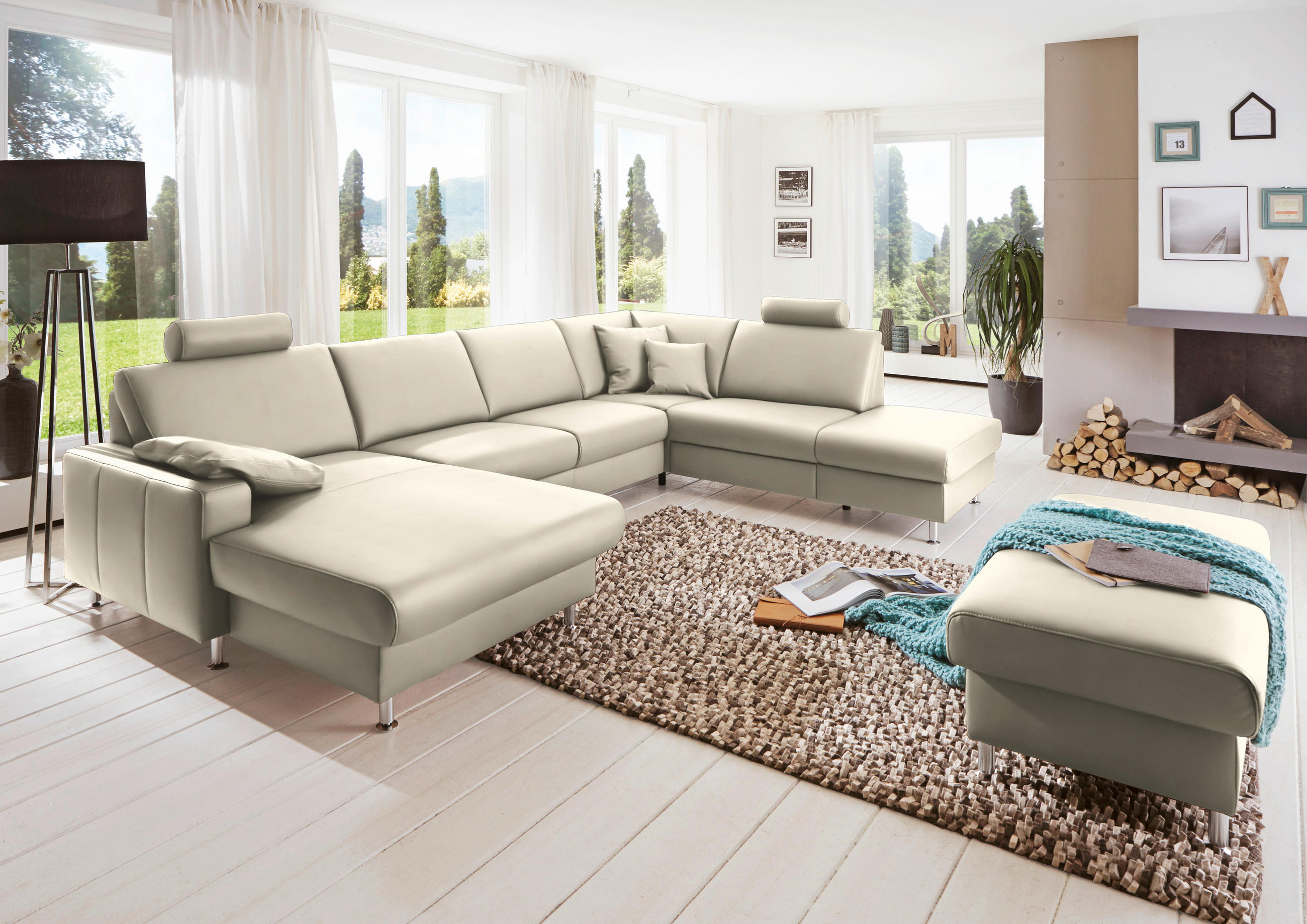 WOHNLANDSCHAFT in Echtleder Creme  - Creme/Alufarben, Design, Leder/Metall (165/339/233cm) - Beldomo Premium