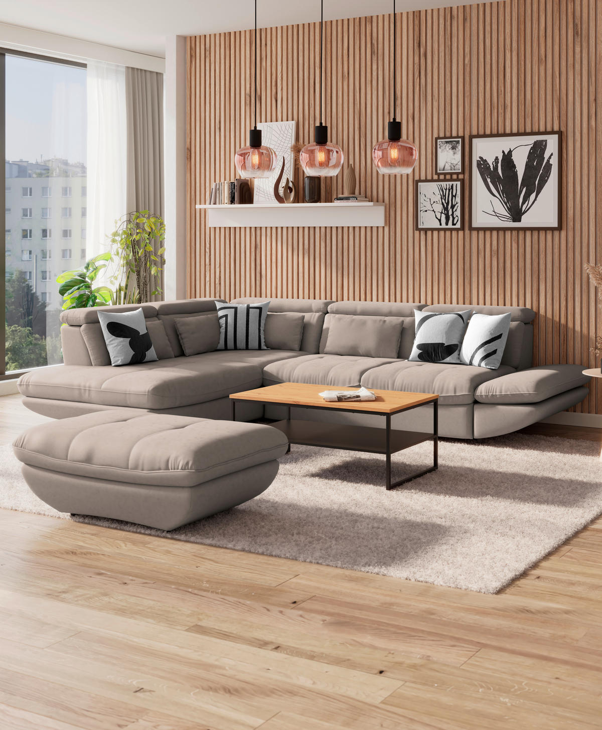 WOHNLANDSCHAFT in Mikrofaser Beige  - Beige/Schwarz, Modern, Kunststoff/Textil (311/233cm) - MID.YOU
