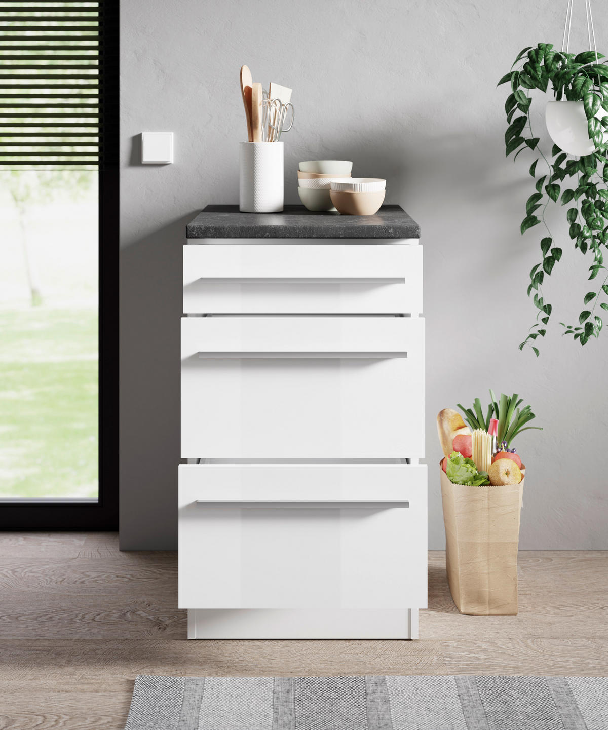 SCHUBKASTENUNTERSCHRANK 50/90/60 cm  in Weiß, Weiß Hochglanz  - Weiß Hochglanz/Silberfarben, Design, Holzwerkstoff/Kunststoff (50/90/60cm) - MID.YOU