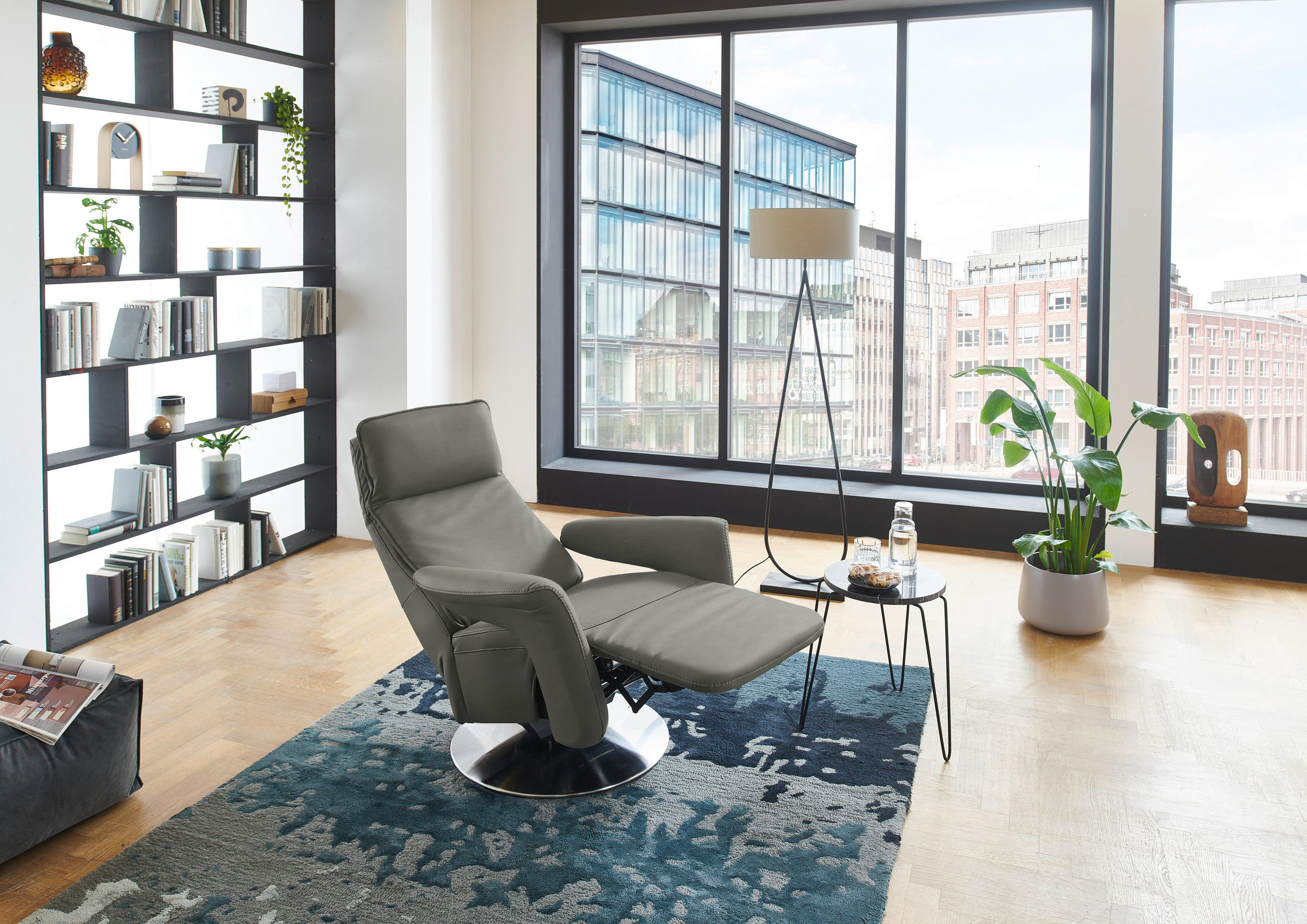 RELAXSESSEL in Leder Grau  - Edelstahlfarben/Grau, Design, Leder/Metall (83/112/87-174cm) - Valdera