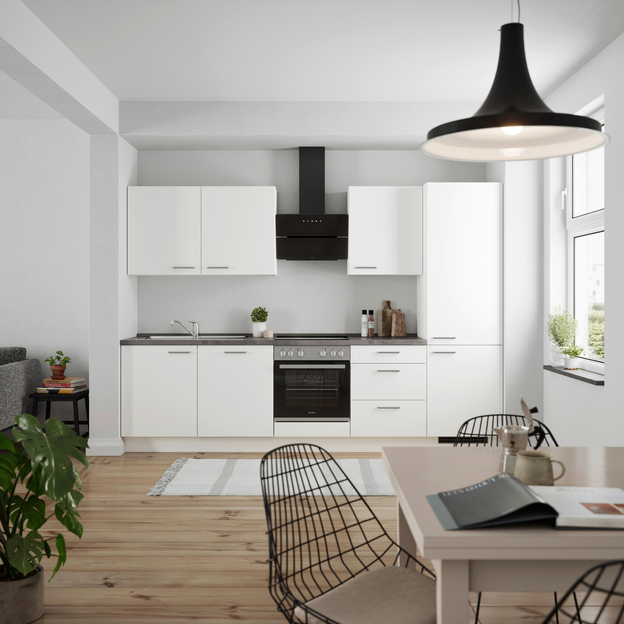 BUCĂTĂRIE FĂRĂ ELECTROCASNICE  - alb/culoare inox, Modern, metal/material pe bază de lemn (300cm) - Nobilia