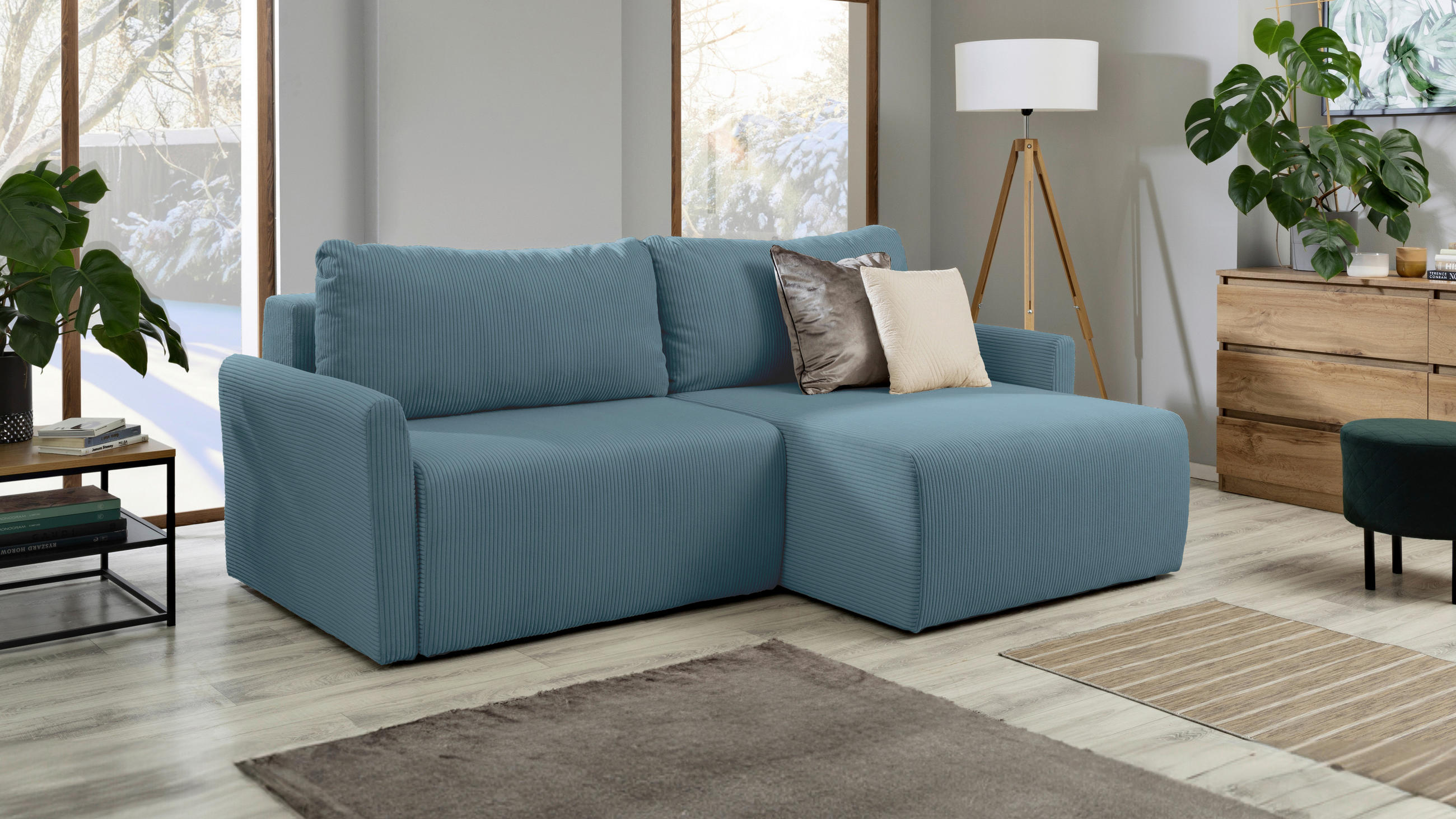 ECKSOFA in Cord Hellblau  228/146 cm  - Schwarz/Hellblau, KONVENTIONELL, Kunststoff/Textil (228/146cm) - MID.YOU