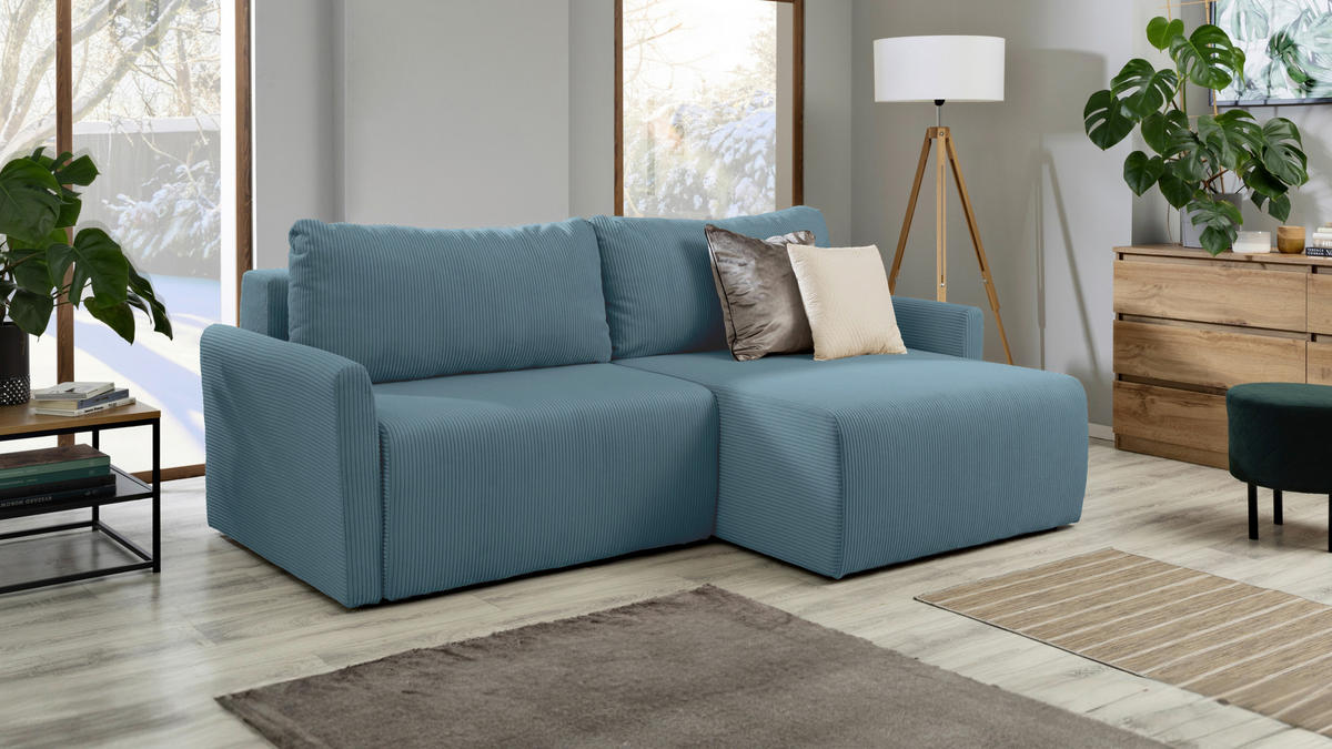 ECKSOFA in Cord Hellblau  228/146 cm  - Schwarz/Hellblau, KONVENTIONELL, Kunststoff/Textil (228/146cm) - MID.YOU